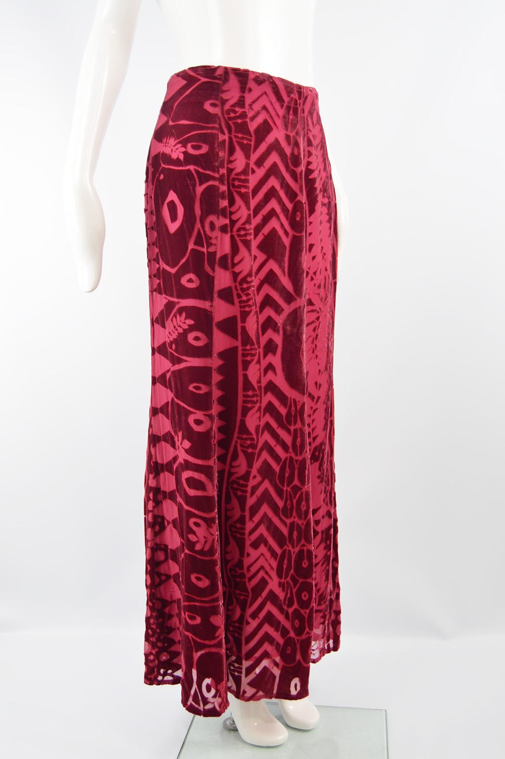 Christian Lacroix Vintage Cranberry Red Velvet Devoré Maxi Skirt, Fall 1997 In Good Condition In Doncaster, South Yorkshire