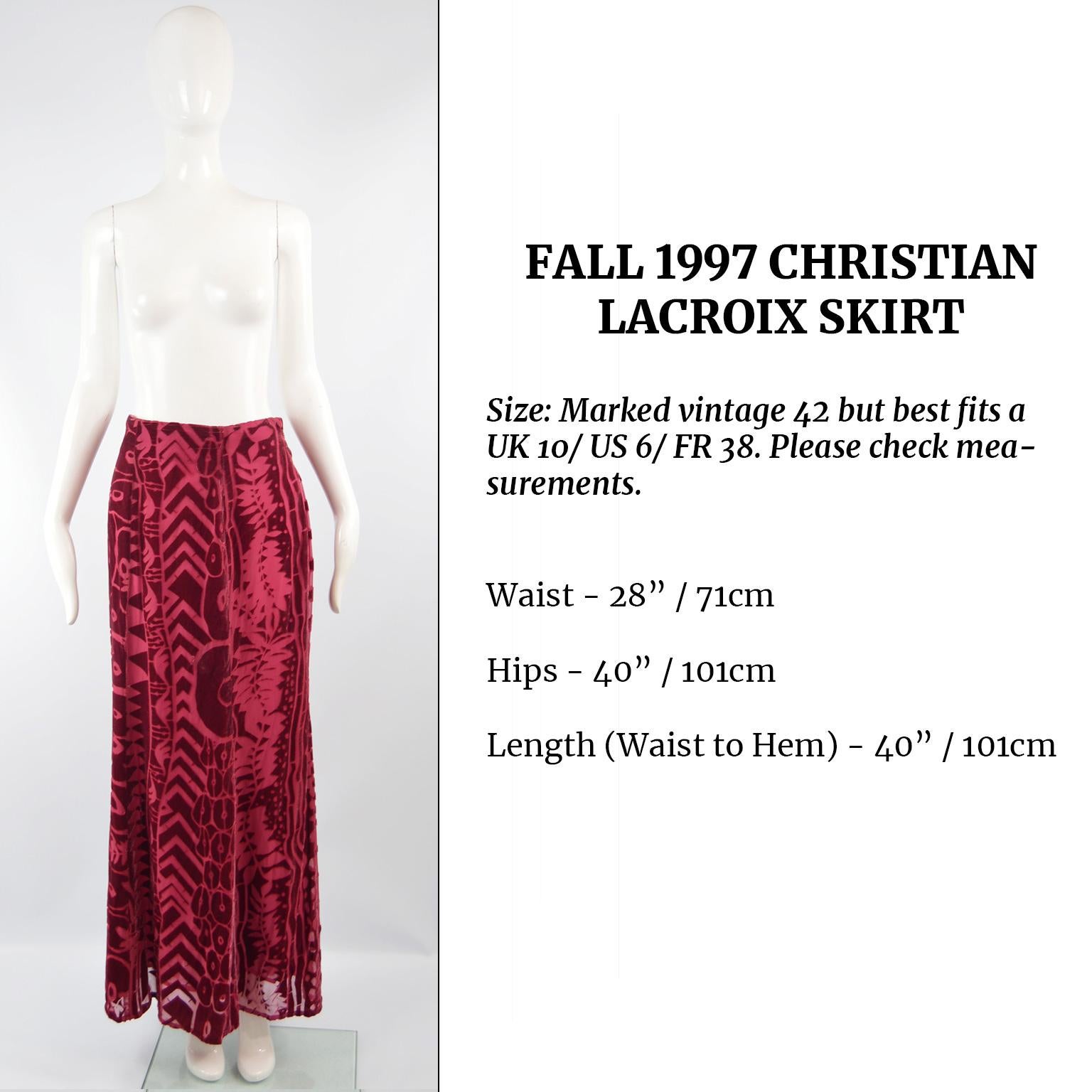 Christian Lacroix Vintage Cranberry Red Velvet Devoré Maxi Skirt, Fall 1997 4