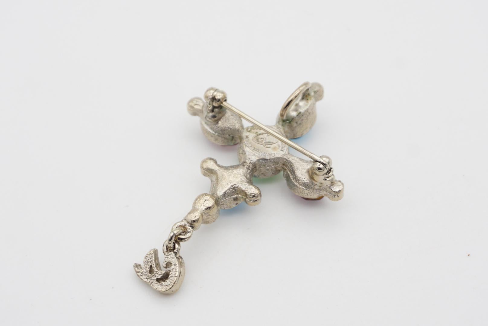 Christian Lacroix Vintage Cross Blue Pink Green Crystals Silver Pendant Brooch For Sale 7