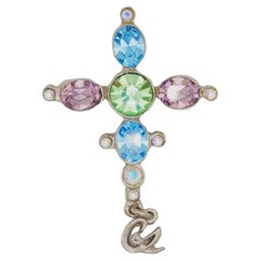 Christian Lacroix Vintage Cross Blue Pink Green Crystals Silver Pendant Brooch