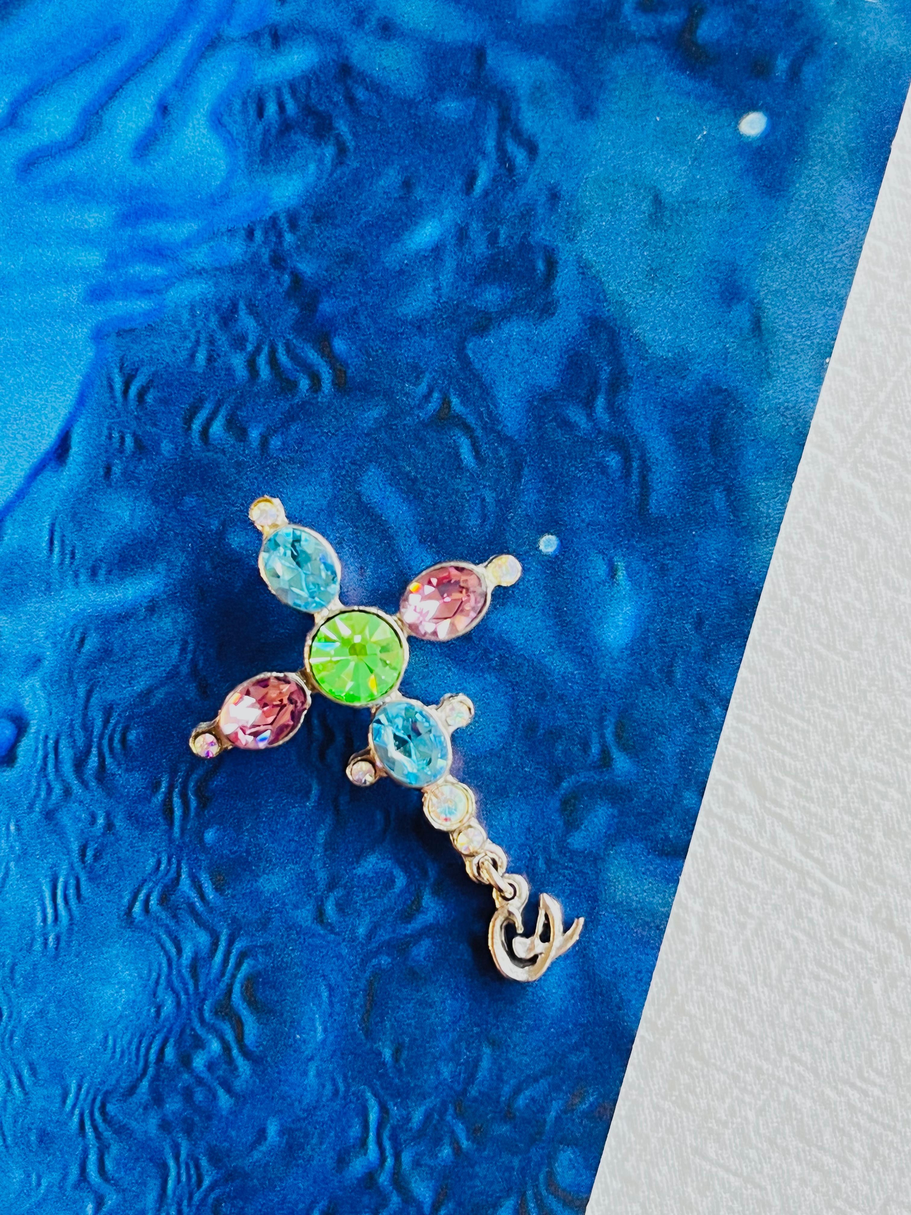 Art Deco Christian Lacroix Vintage Cross Blue Pink Green Crystals Silver Pendant Brooch For Sale