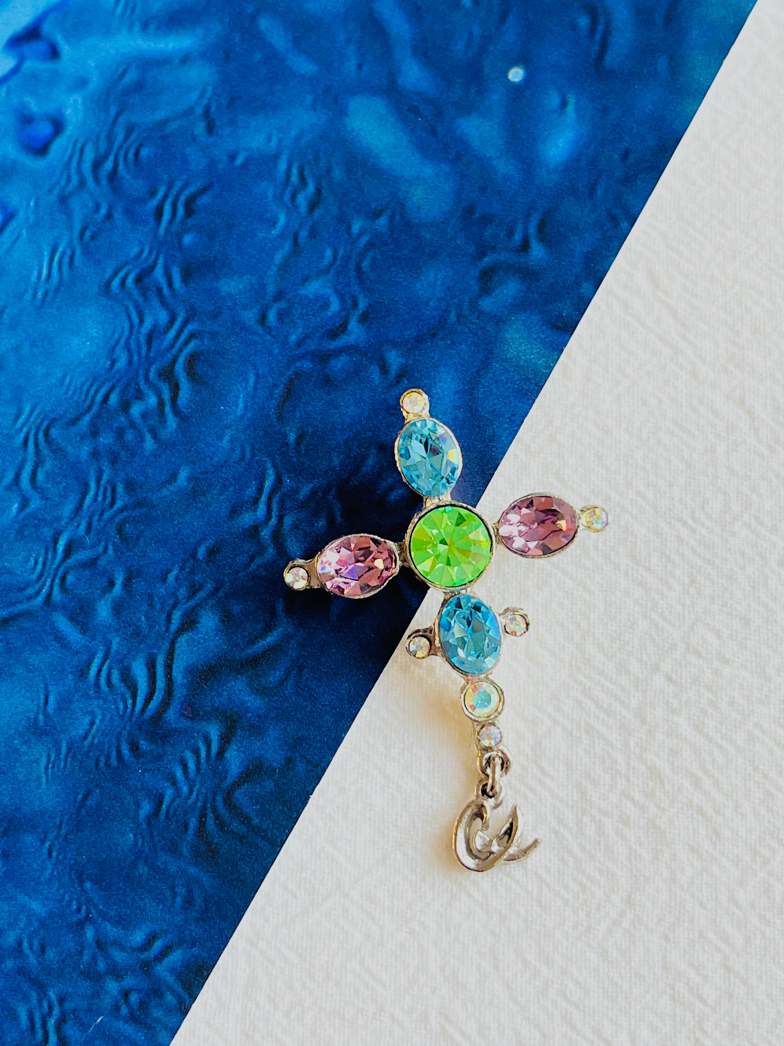 Christian Lacroix Vintage Cross Blue Pink Green Crystals Silver Pendant Brooch In Good Condition For Sale In Wokingham, England
