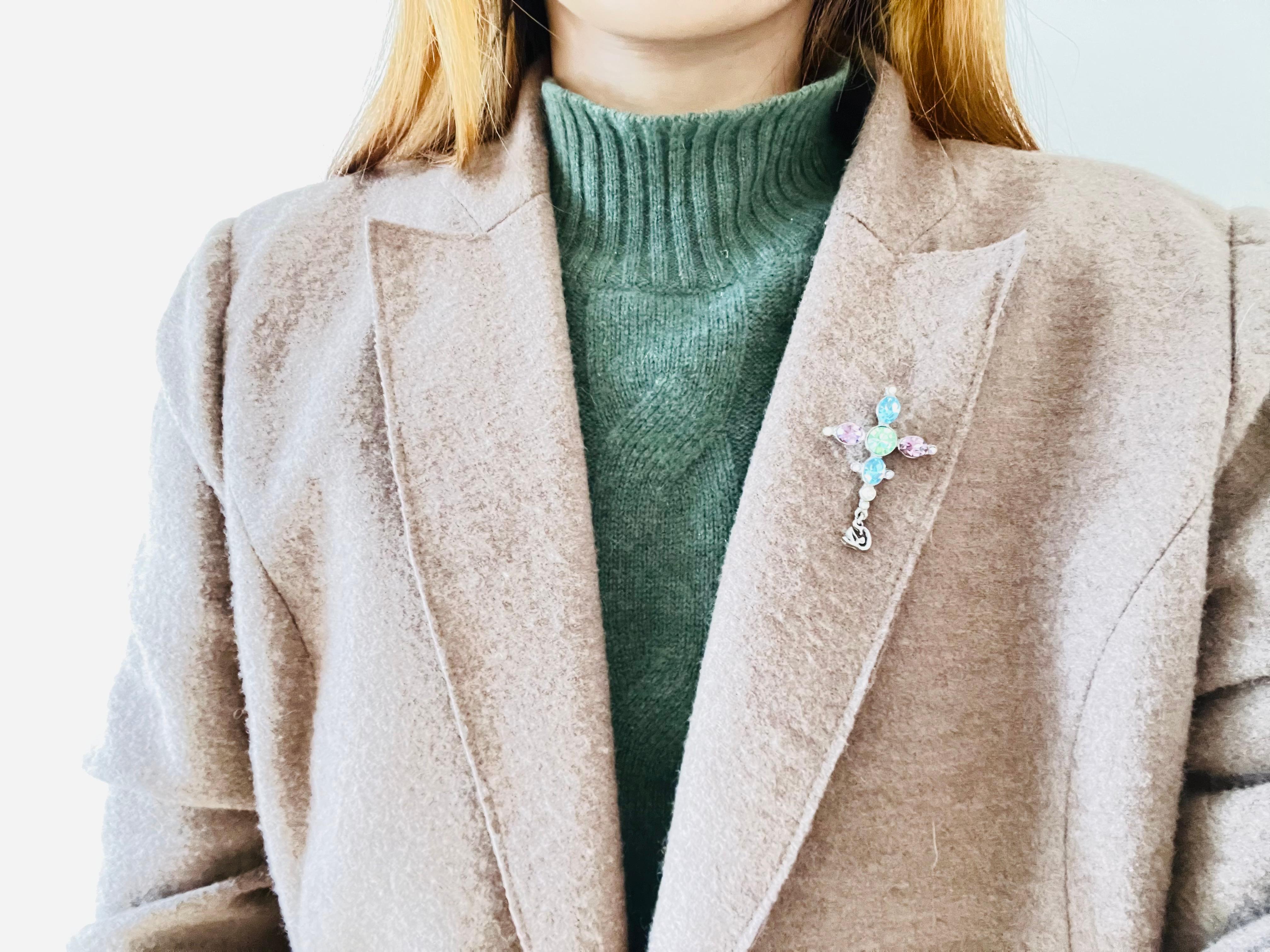 Women's or Men's Christian Lacroix Vintage Cross Blue Pink Green Crystals Silver Pendant Brooch For Sale