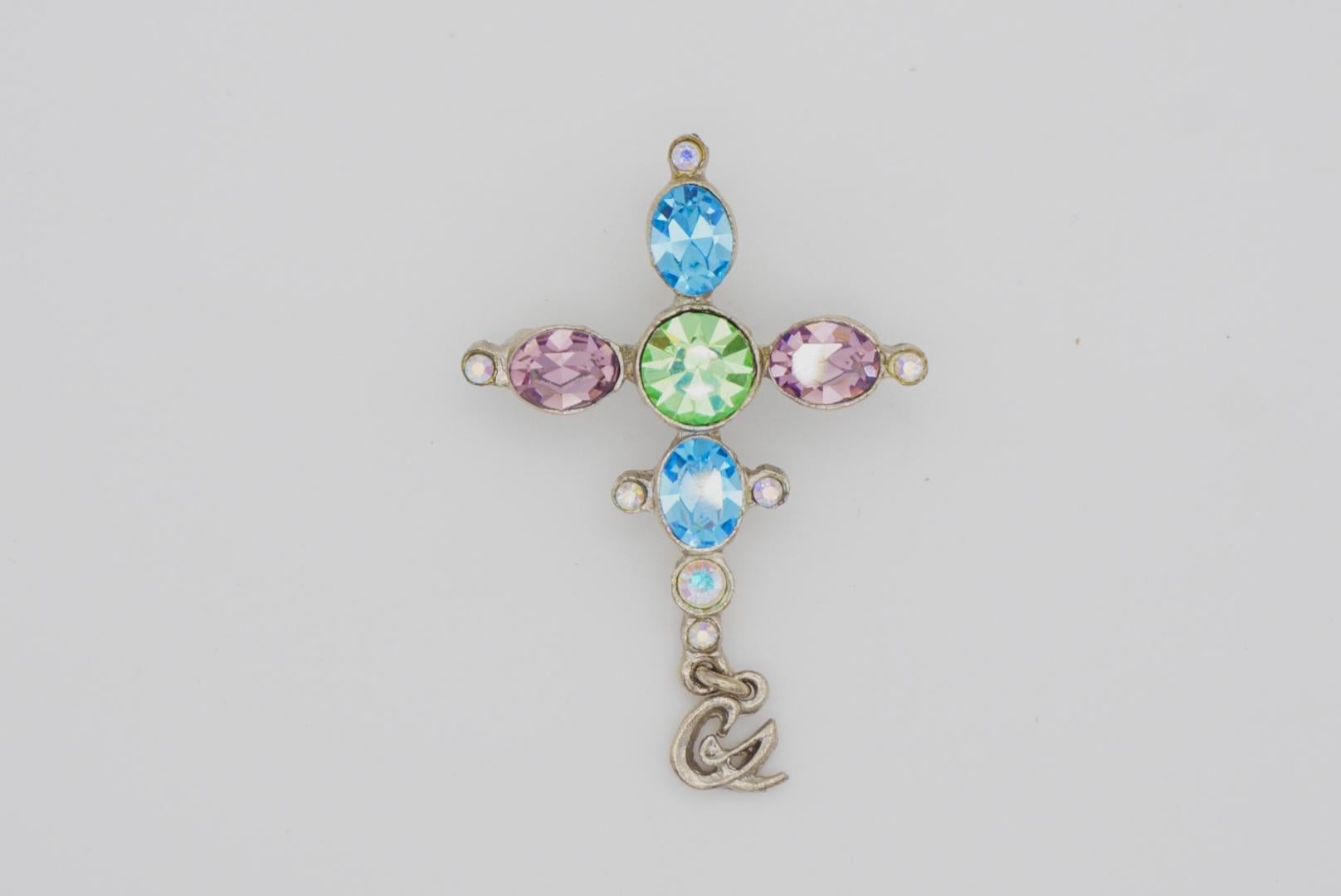 Christian Lacroix Vintage Cross Blue Pink Green Crystals Silver Pendant Brooch For Sale 1