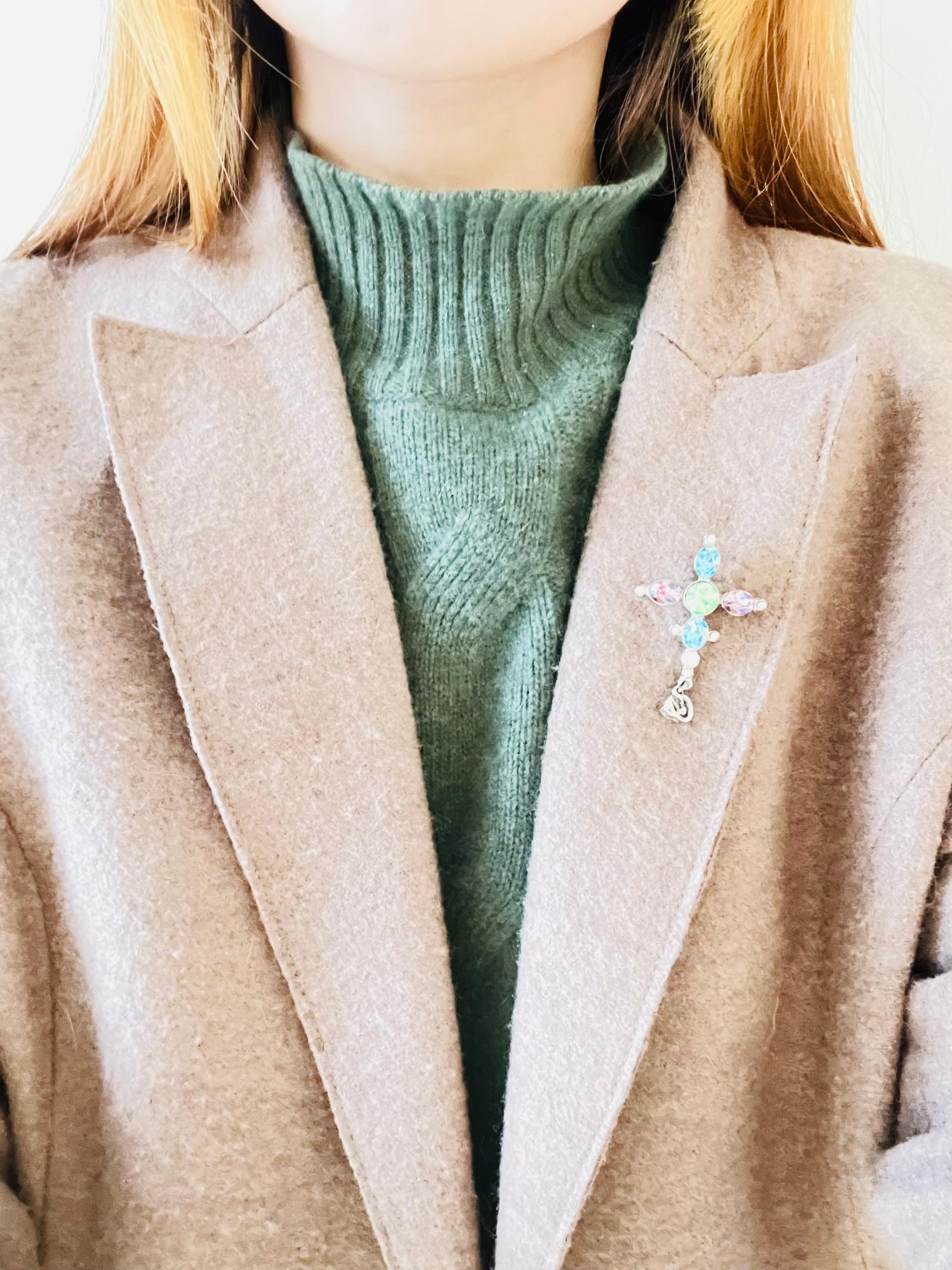 Christian Lacroix Vintage Cross Blue Pink Green Crystals Silver Pendant Brooch For Sale 1