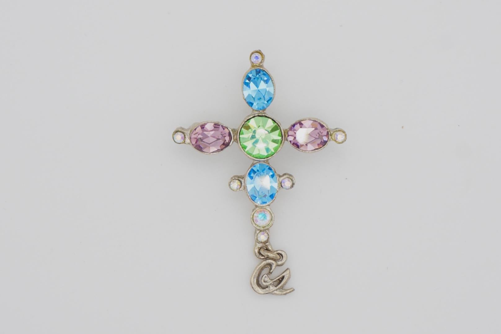 Christian Lacroix Vintage Cross Blue Pink Green Crystals Silver Pendant Brooch For Sale 2