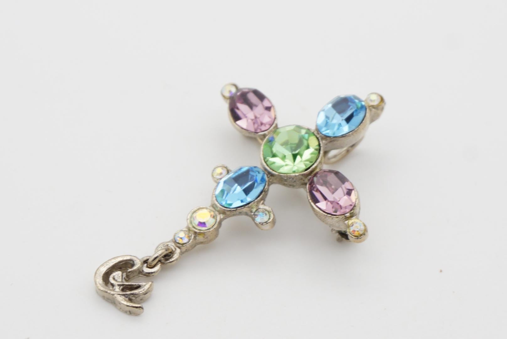 Christian Lacroix Vintage Cross Blue Pink Green Crystals Silver Pendant Brooch For Sale 3