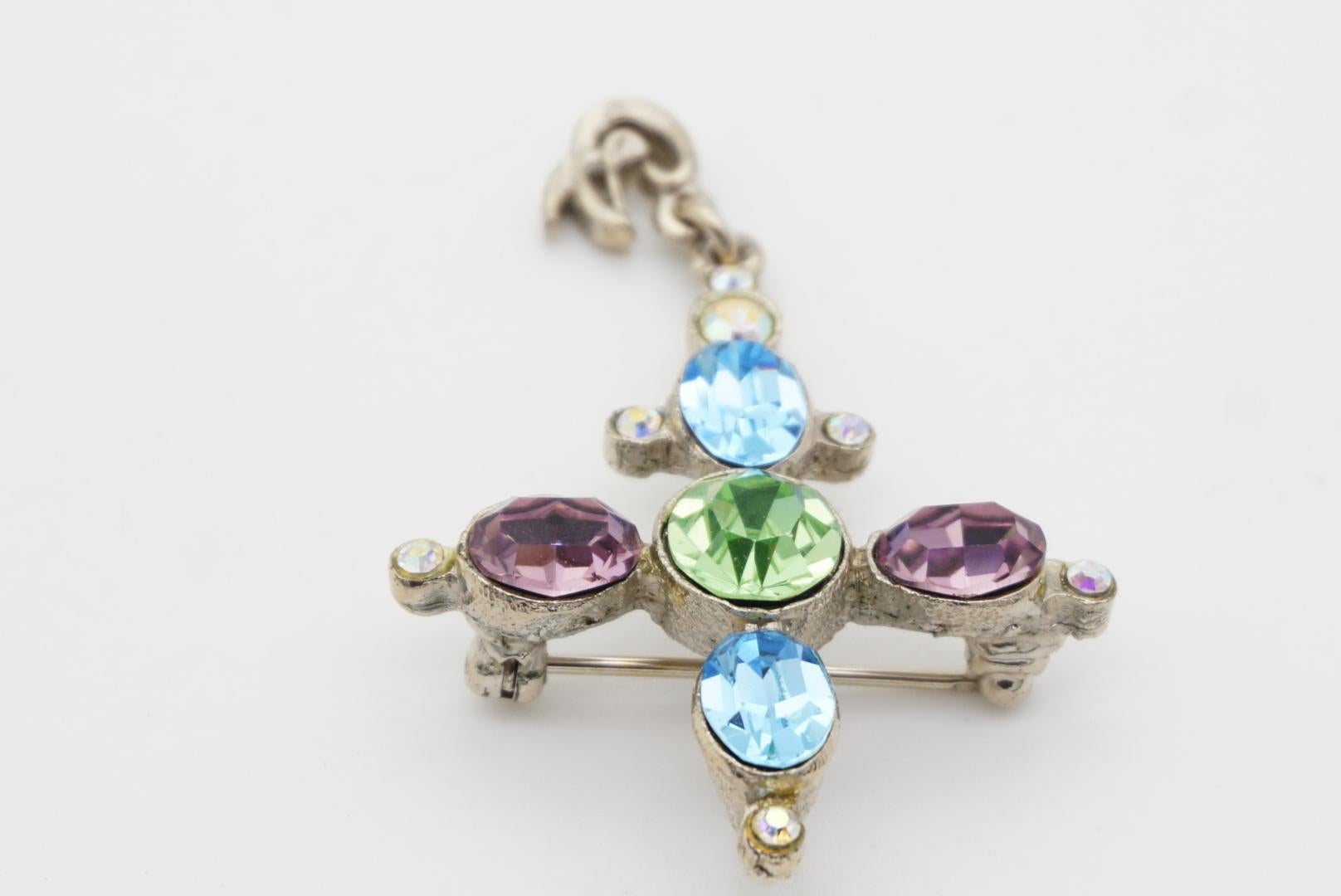 Christian Lacroix Vintage Cross Blue Pink Green Crystals Silver Pendant Brooch For Sale 3