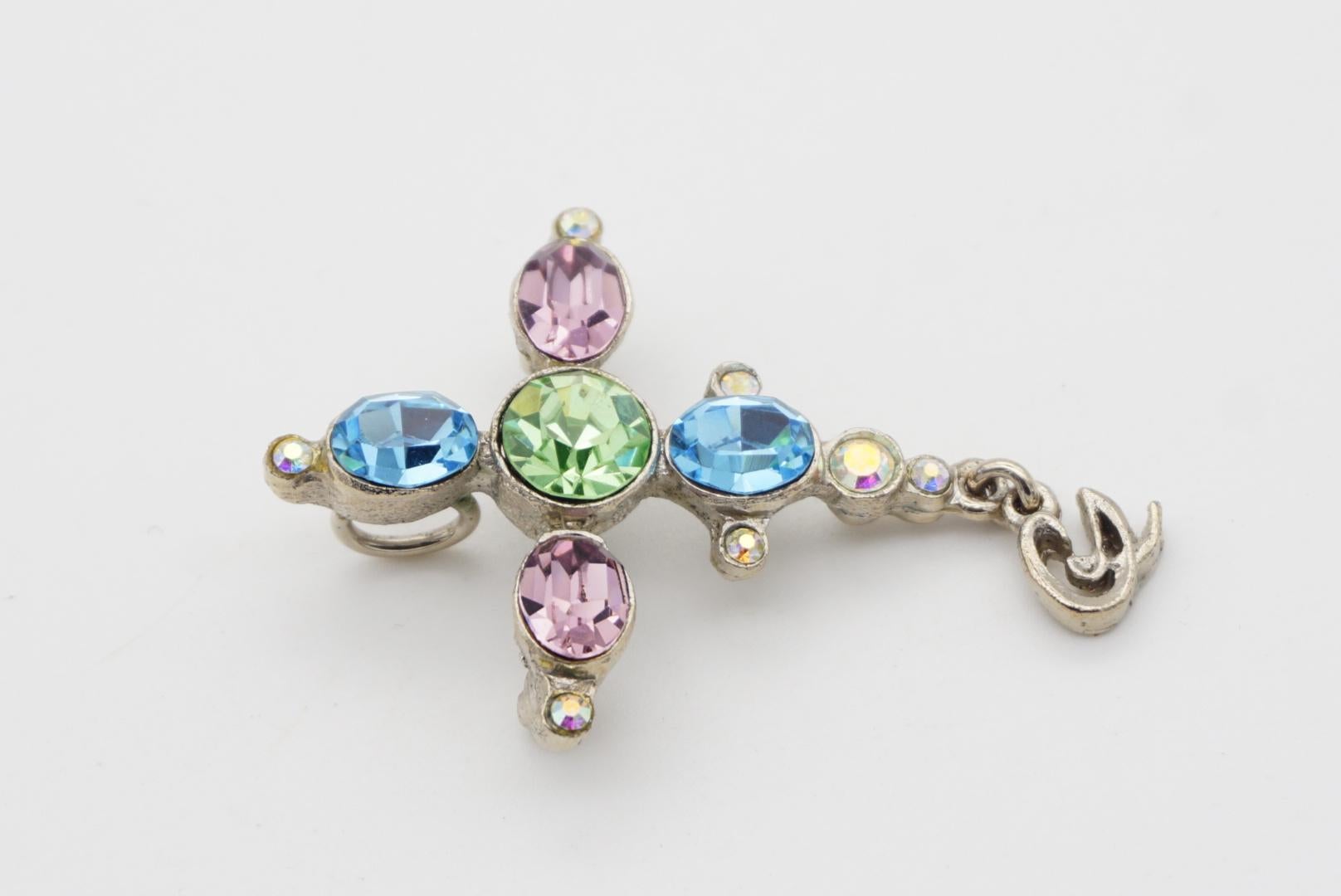 Christian Lacroix Vintage Cross Blue Pink Green Crystals Silver Pendant Brooch For Sale 4
