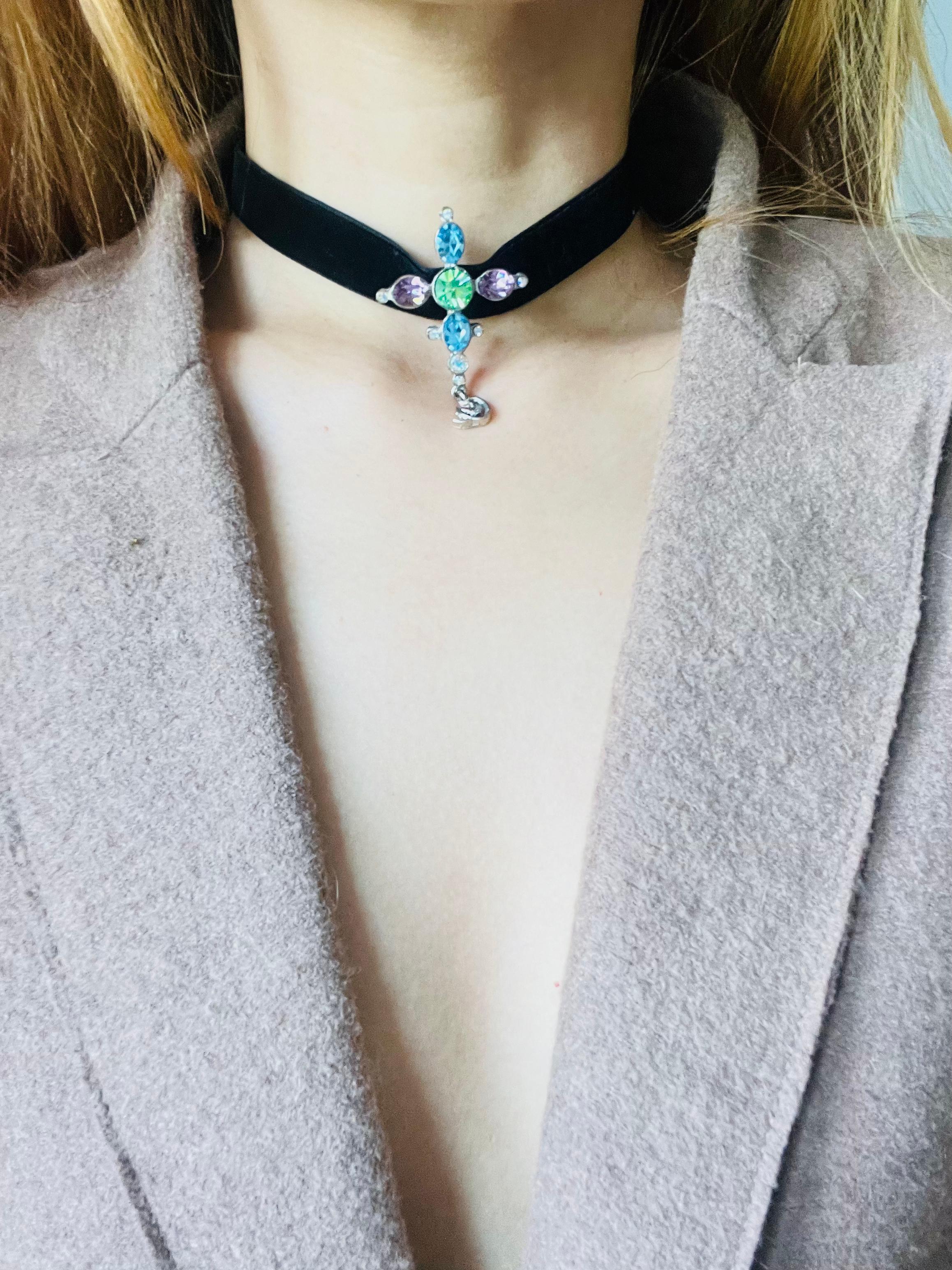 Christian Lacroix Vintage Cross Blue Pink Green Crystals Silver Pendant Brooch For Sale 4