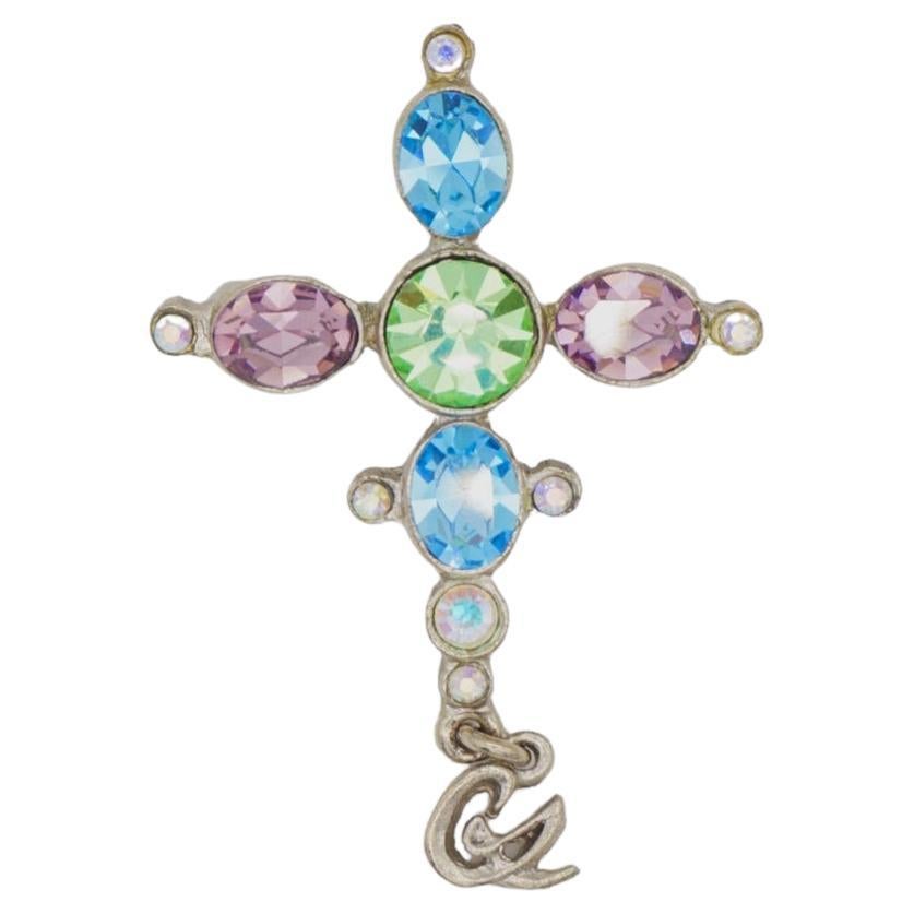 Christian Lacroix Vintage Cross Blue Pink Green Crystals Silver Pendant Brooch For Sale