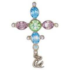 Christian Lacroix Retro Cross Blue Pink Green Crystals Silver Pendant Brooch