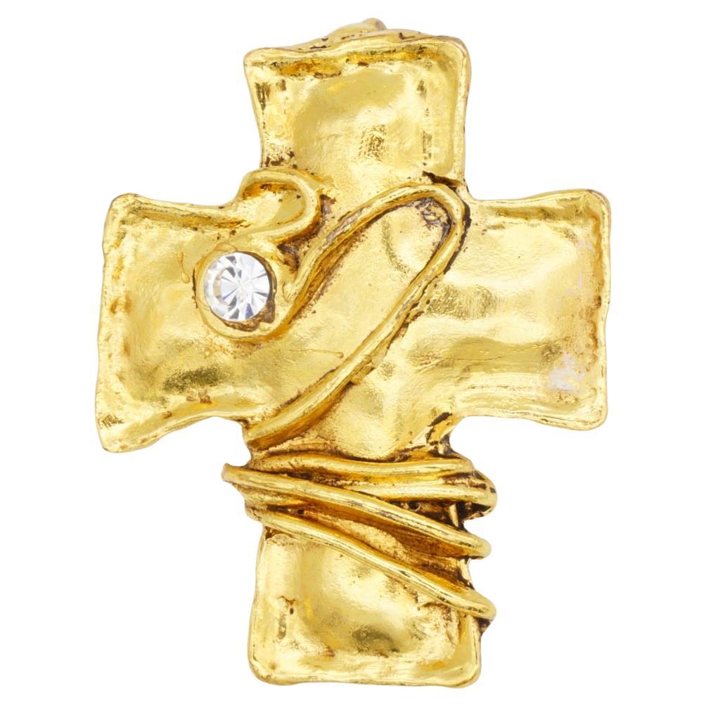 Christian Lacroix Croce Vintage Blu Rosa Verde Cristalli Argento Spilla Ciondolo in vendita