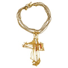 Christian Lacroix Vintage Cross Brutalist Ruby Crystals Choker Necklace Brooch
