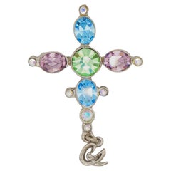 Christian Lacroix Vintage Cross Crystals Blue Pink Green Silver Brooch Pendant