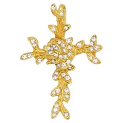 Christian Lacroix Vintage Cross Crystals Rose Flower Leaf Whole Pendant Brooch