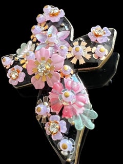 Christian Lacroix vintage cross , black enamel rodhoid flowers beads