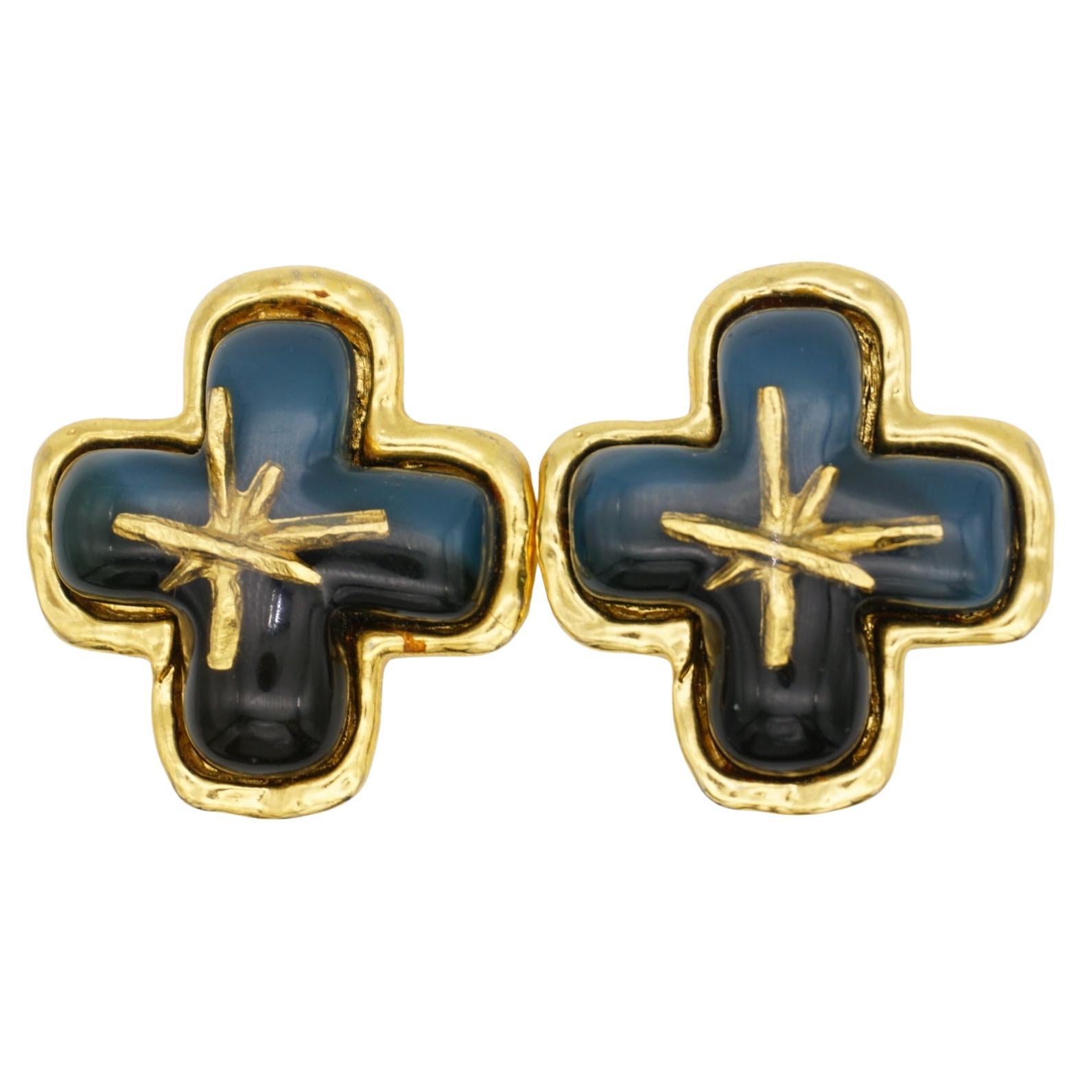 Christian Lacroix Vintage Cross Star Jelly Belly Double Navy Flower Earrings en venta