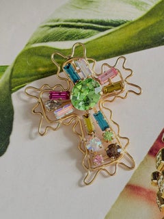 Christian Lacroix Vintage Crystals Cross Green Blue Wirework Gold Pendant Brooch