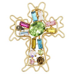 Christian Lacroix Vintage Crystals Cross Green Blue Wirework Gold Pendant Brooch