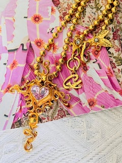 Christian Lacroix Vintage Crystals Cross Heart Gold Purple Baroque Logo Necklace