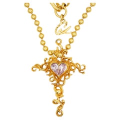 Christian Lacroix Vintage Crystals Cross Heart Gold Purple Baroque Logo Necklace