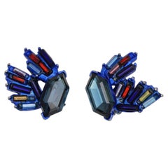 Christian Lacroix Vintage Crystals Iridescent Blue Purple Hexagon Wing Earrings