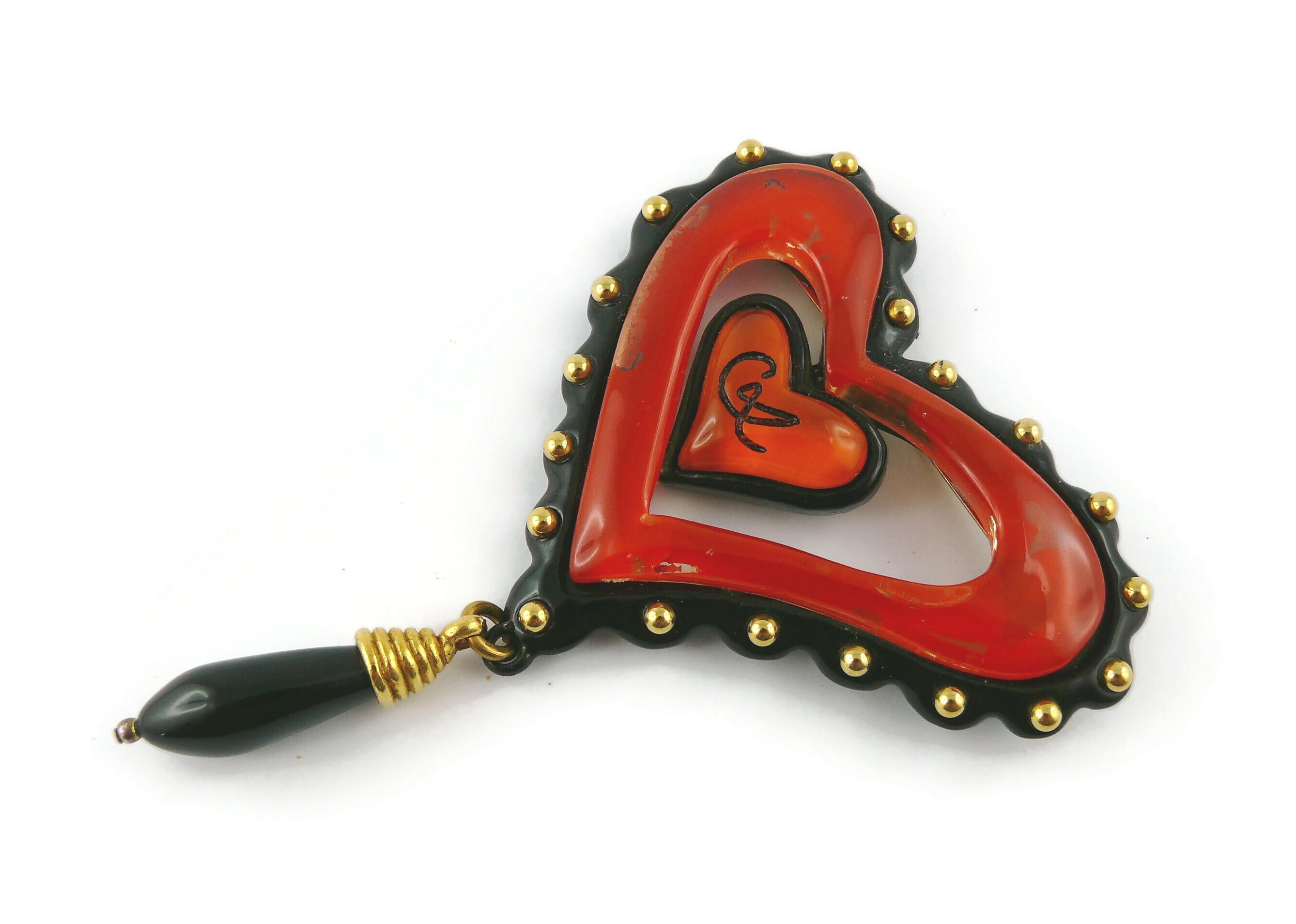 Christian Lacroix Vintage Double Heart Resin Brooch 1