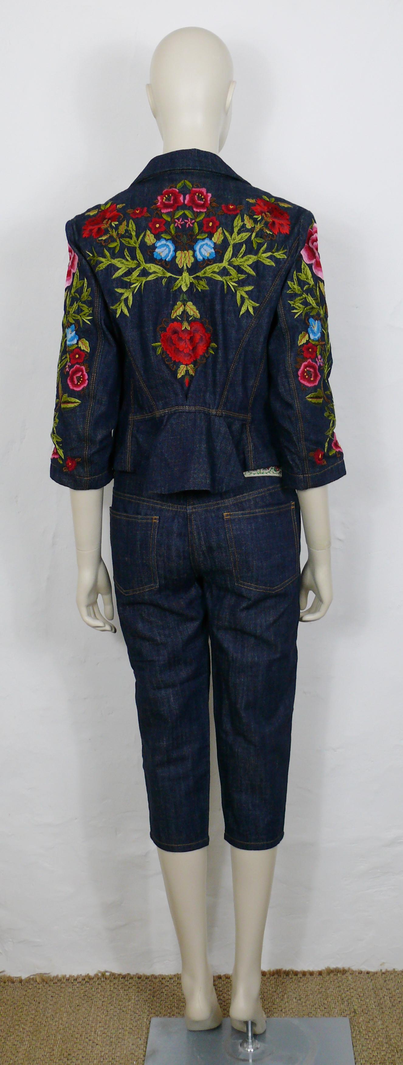 Women's Christian Lacroix Vintage Embroidered Denim Blazer and Cropped Pants Trousers For Sale
