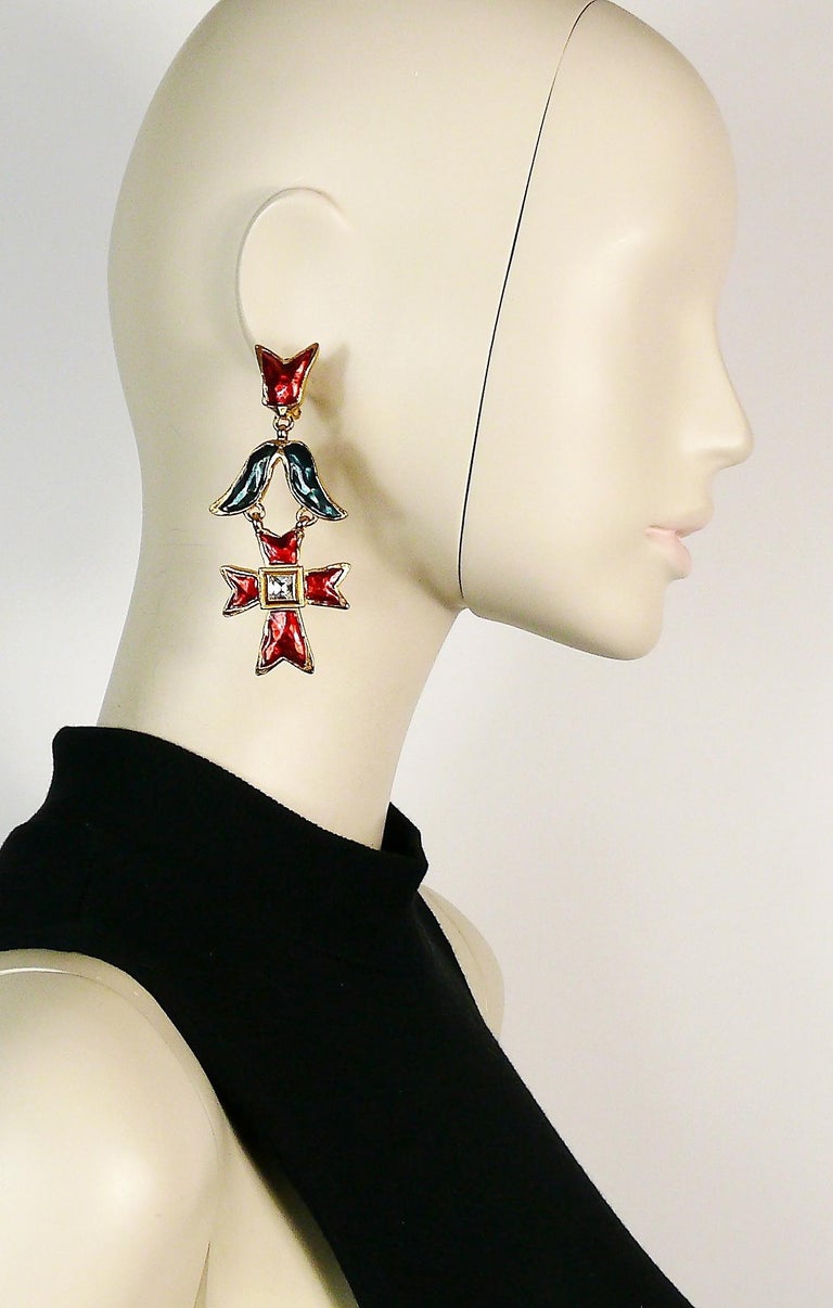 Christian Lacroix Vintage Enamel Cross Dangling Earrings at 1stDibs