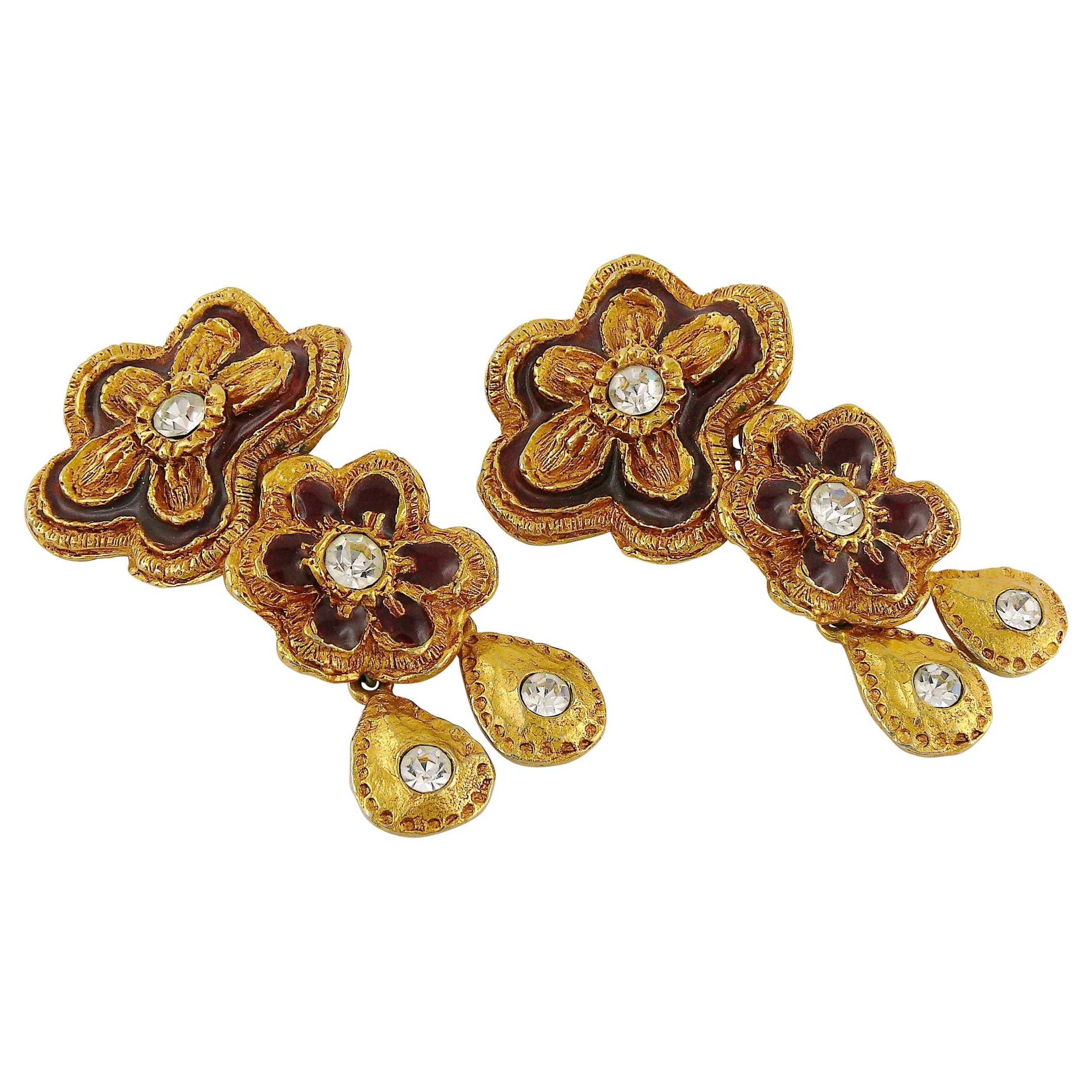 Christian Lacroix Vintage Enamel Flowers Dangling Earrings