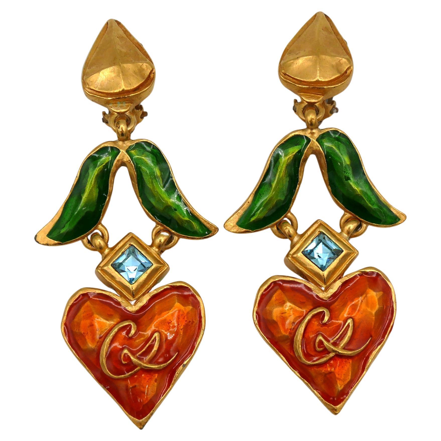 CHRISTIAN LACROIX Vintage Enamel Heart Dangling Earrings For Sale