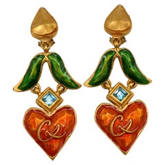 CHRISTIAN LACROIX, boucles d'oreilles pendantes vintage en forme de cur en mail