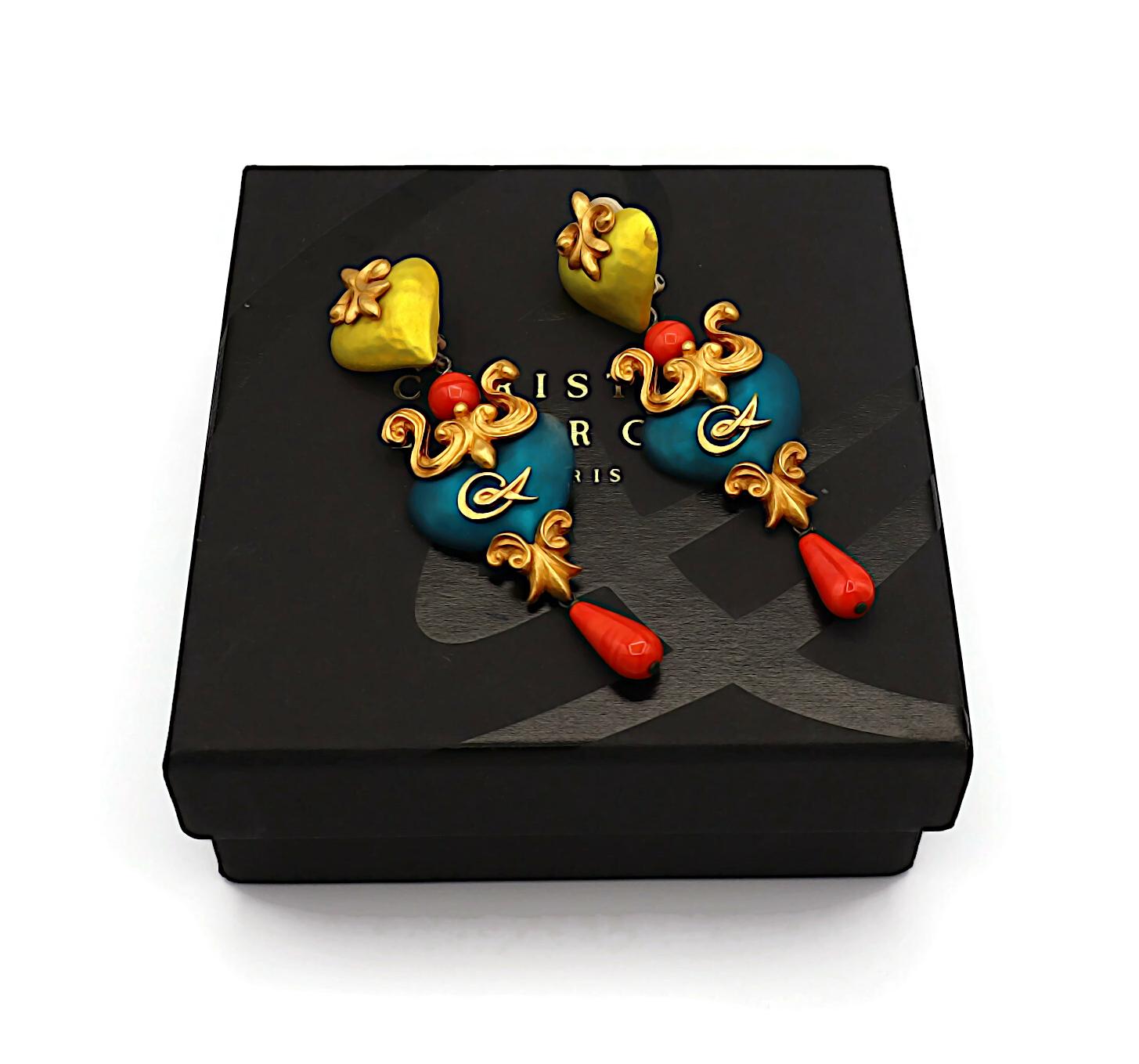 CHRISTIAN LACROIX Vintage Enamel Hearts Dangle Earrings In Good Condition For Sale In Nice, FR