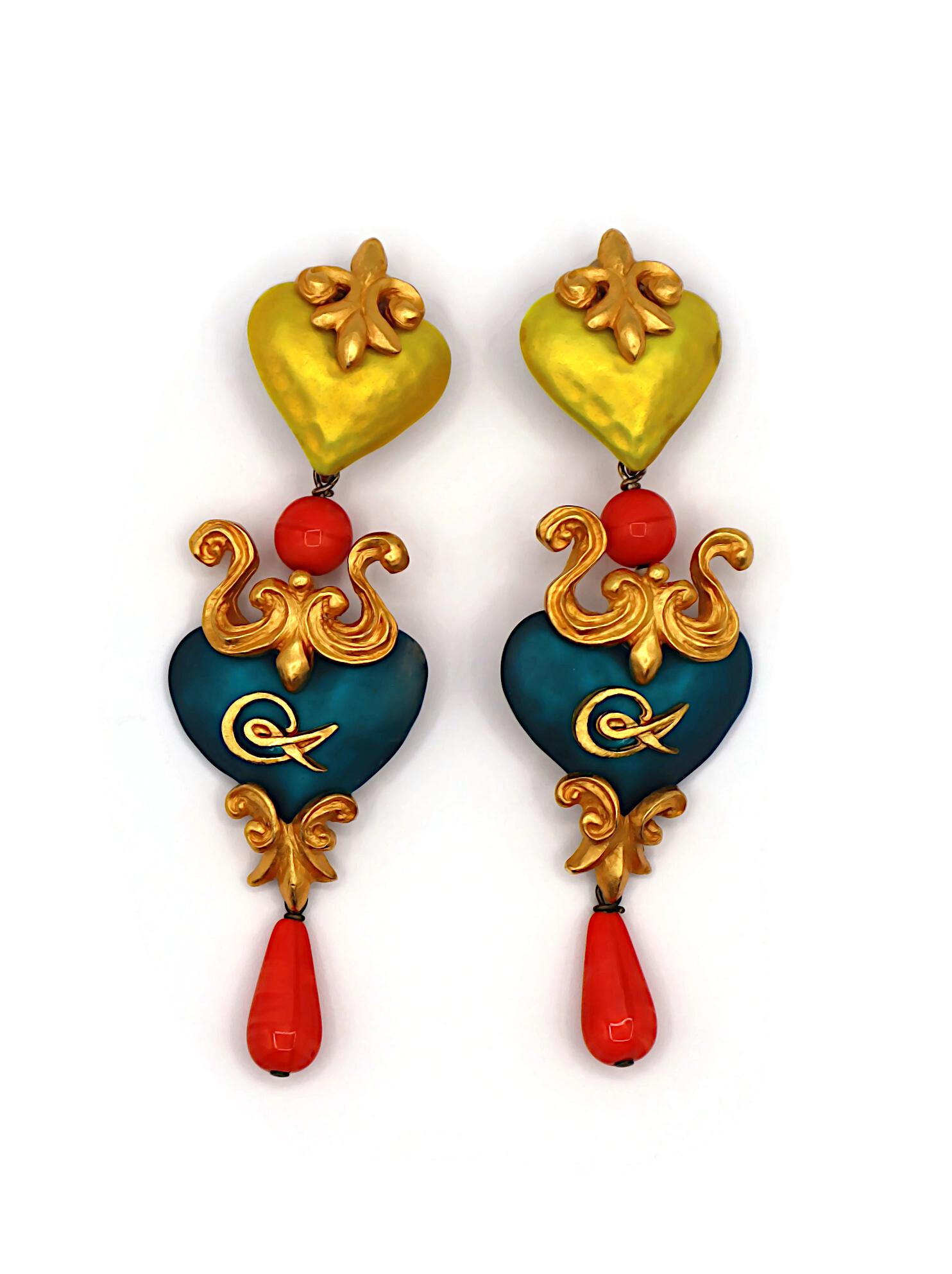 CHRISTIAN LACROIX Vintage Enamel Hearts Dangle Earrings For Sale 1
