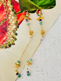 Christian Lacroix Vintage Extra Long Logo Turquoise Heart Crystal Drop Earrings