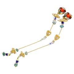 Christian Lacroix Vintage Extra Long Logo Turquoise Heart Crystal Drop Earrings