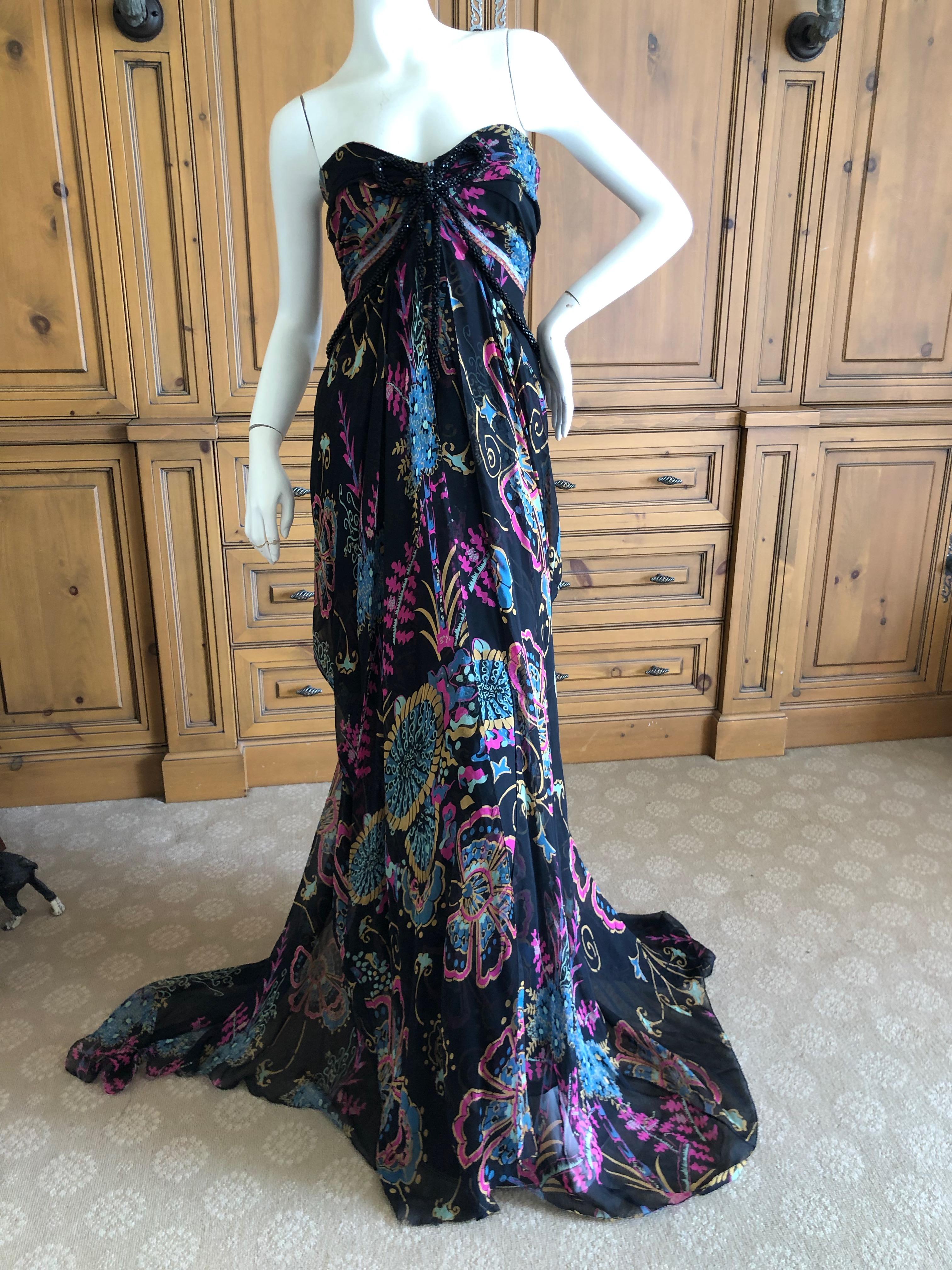 Black Christian Lacroix Vintage Floral Silk Evening Dress with Jet Bead Trim For Sale