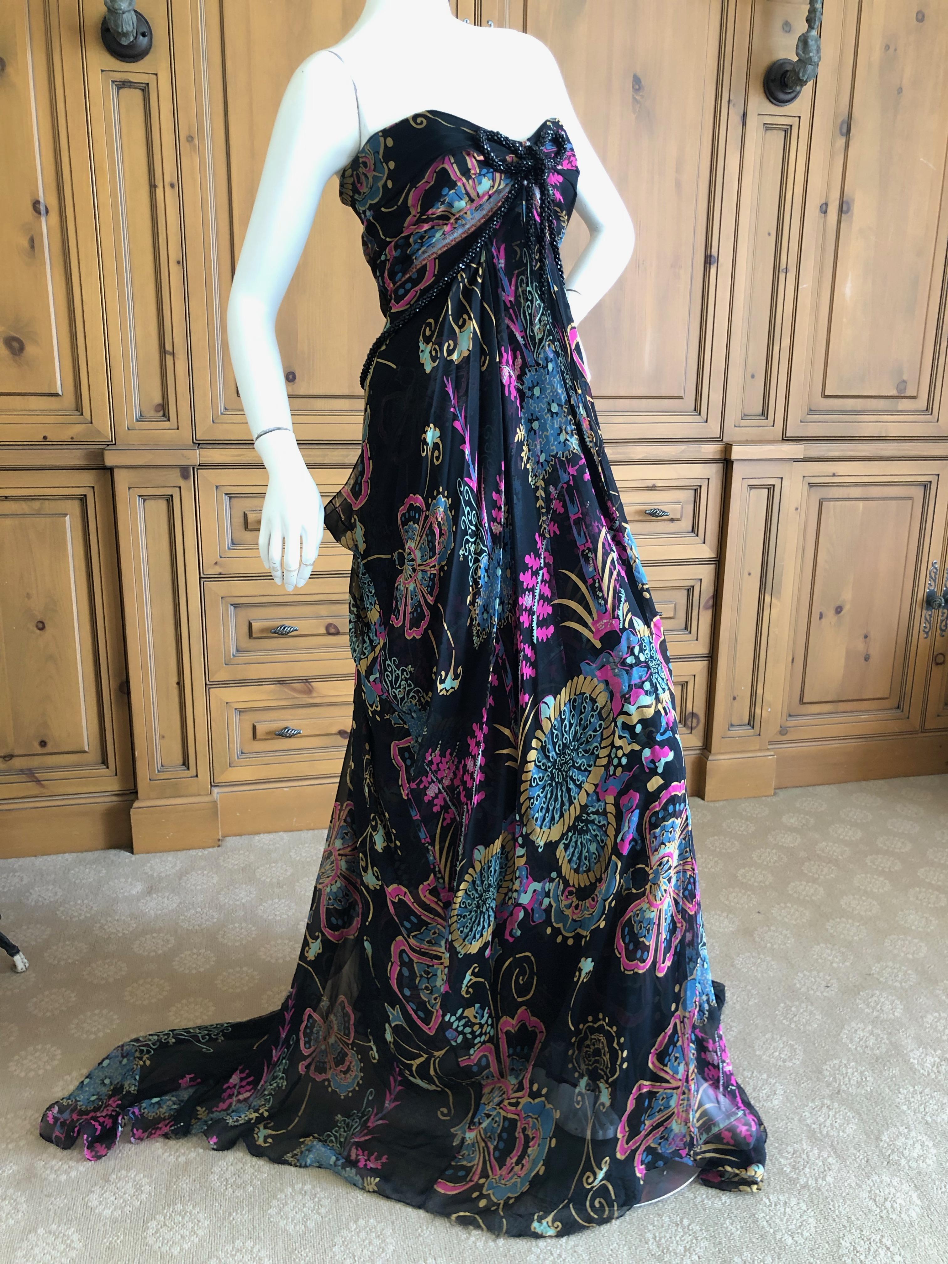 Christian Lacroix Vintage Floral Silk Evening Dress with Jet Bead Trim In Excellent Condition For Sale In Cloverdale, CA