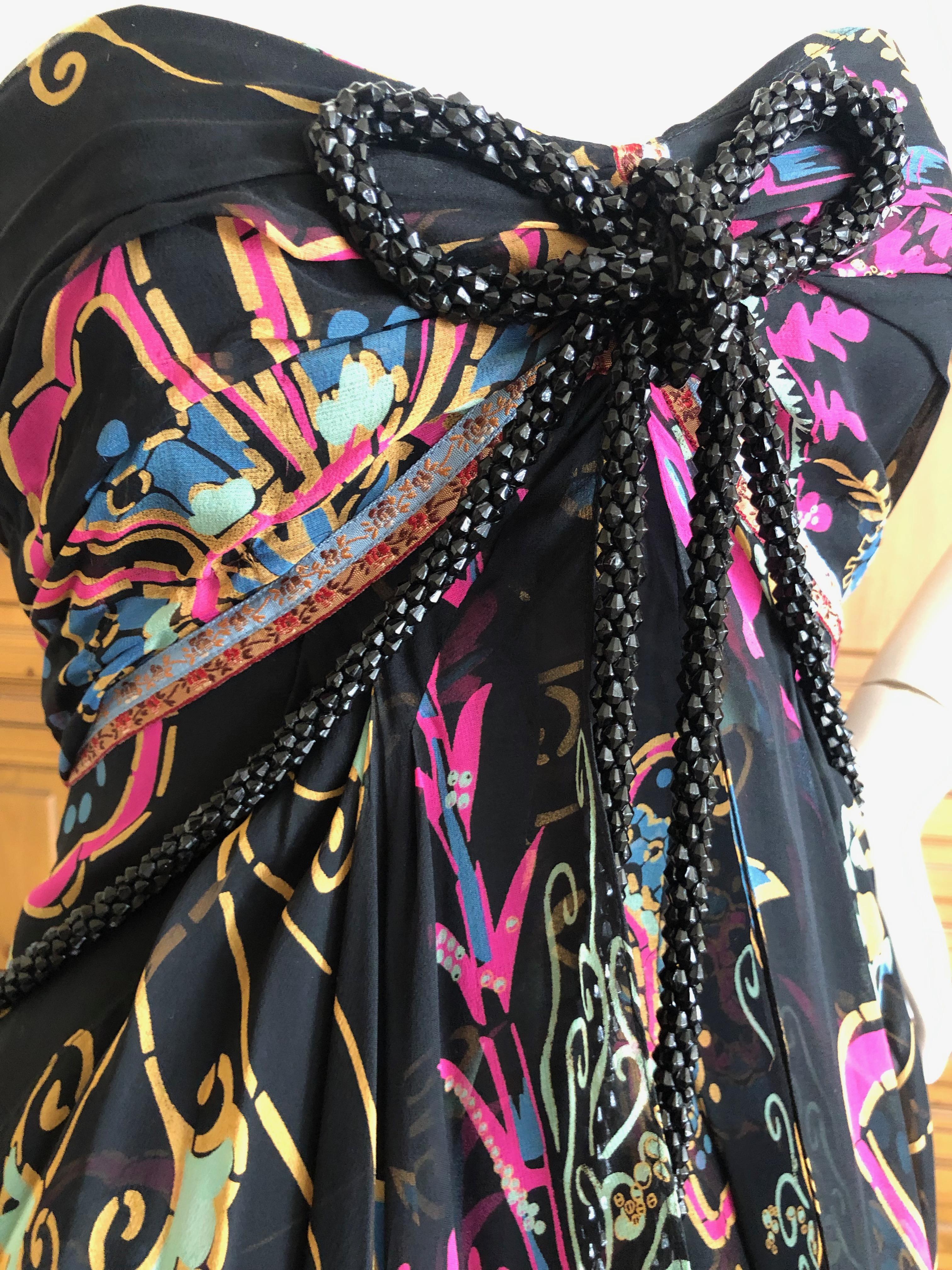 Christian Lacroix Vintage Floral Silk Evening Dress with Jet Bead Trim For Sale 1