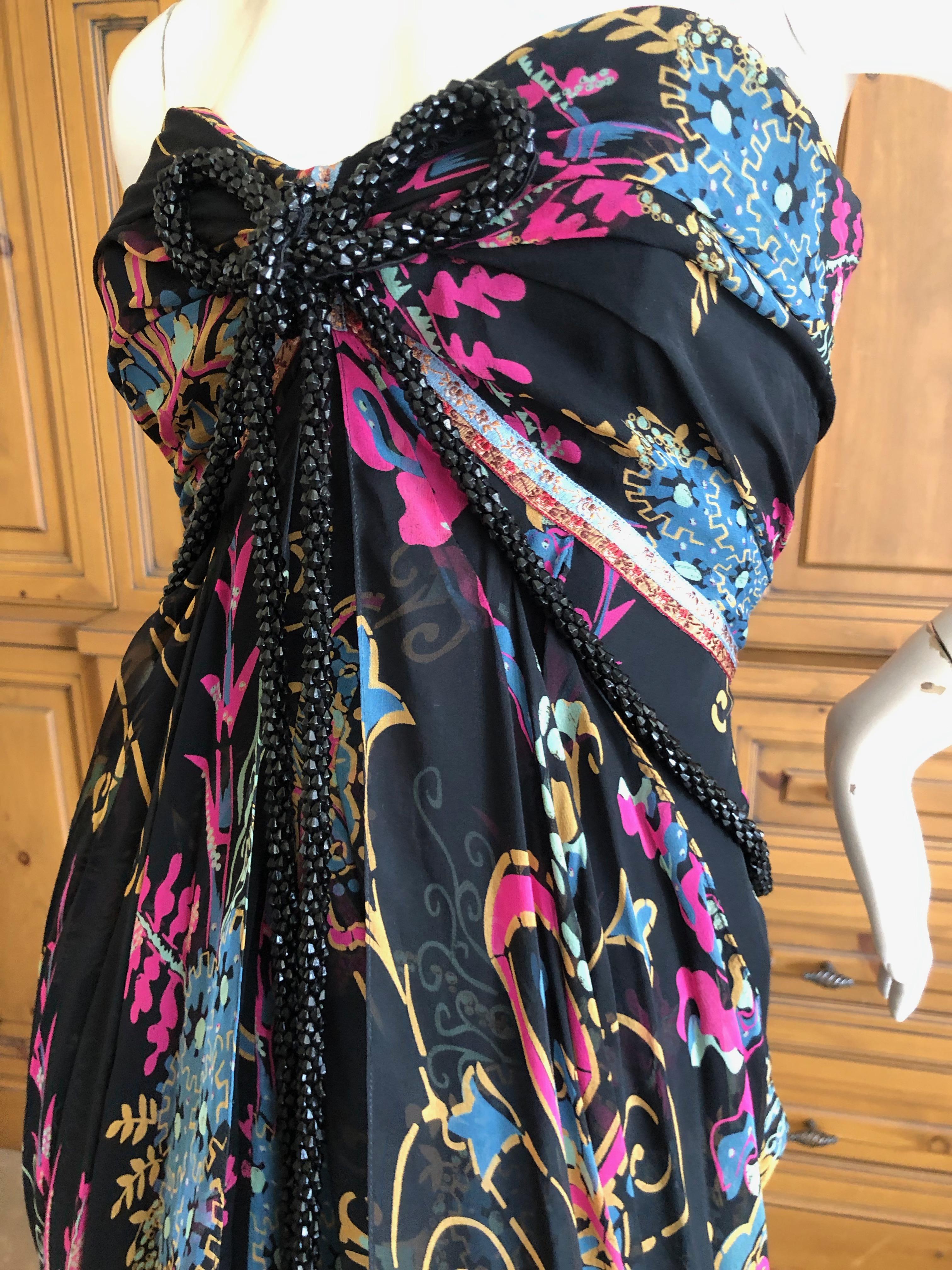 Christian Lacroix Vintage Floral Silk Evening Dress with Jet Bead Trim For Sale 2