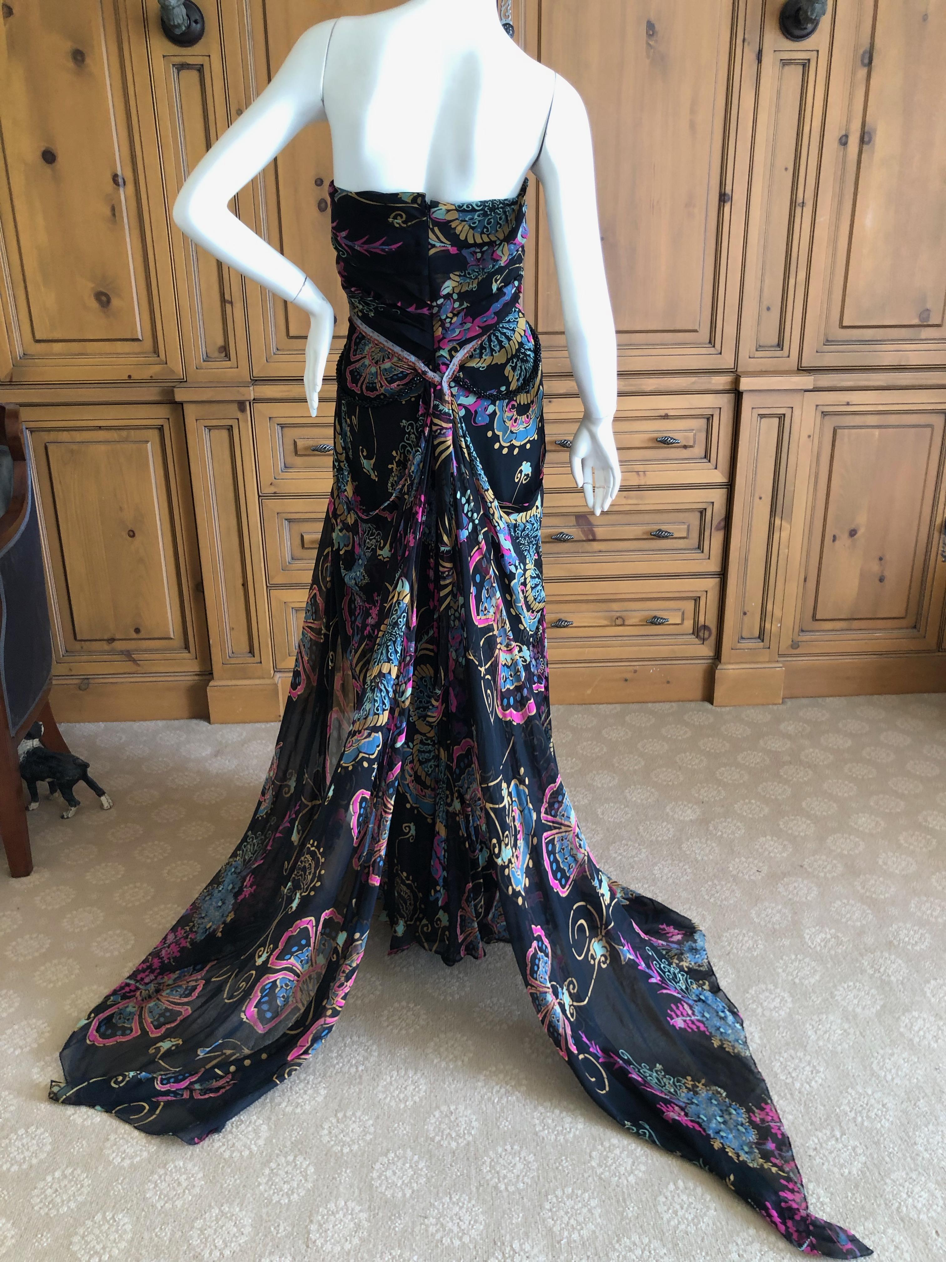 Christian Lacroix Vintage Floral Silk Evening Dress with Jet Bead Trim For Sale 3