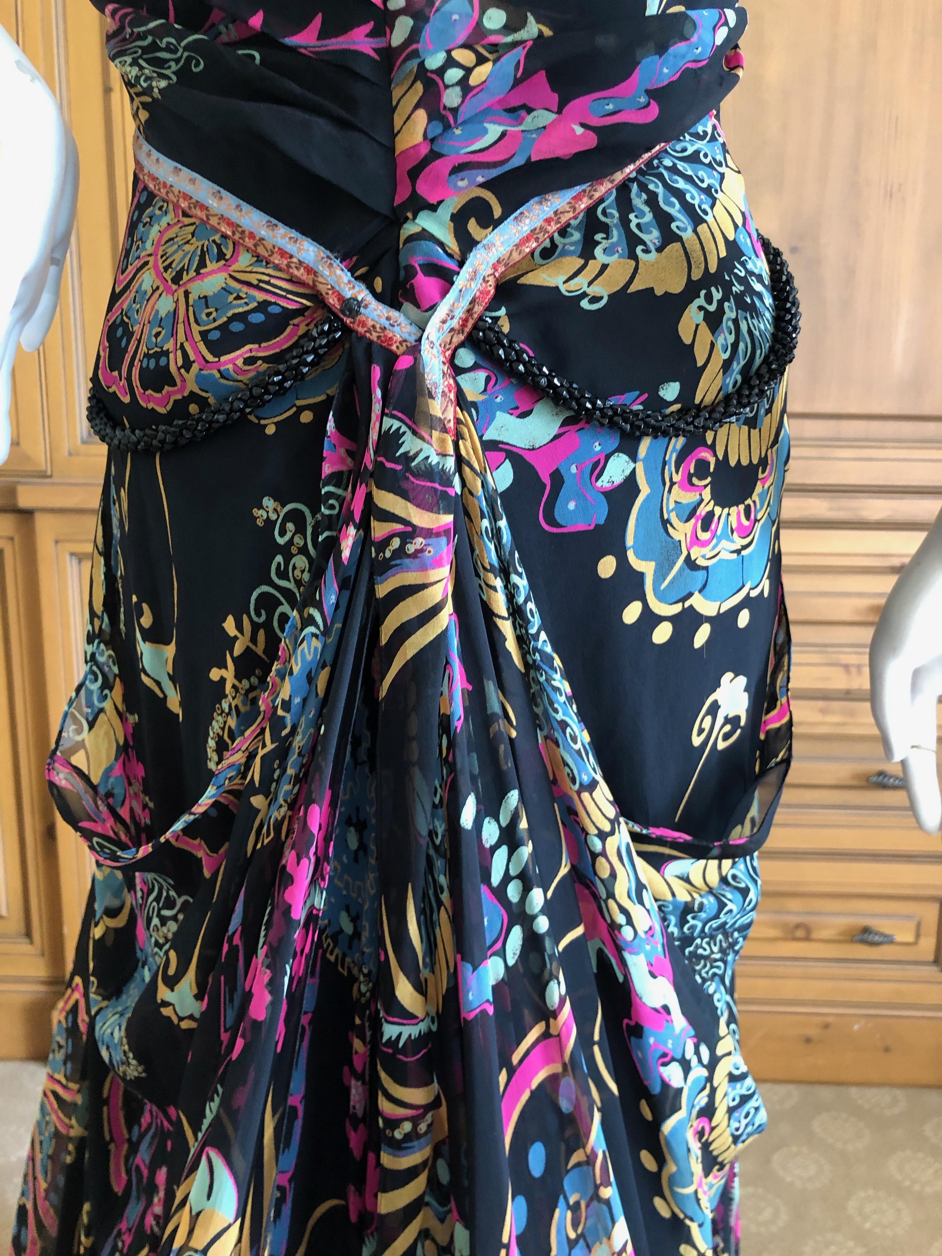 Christian Lacroix Vintage Floral Silk Evening Dress with Jet Bead Trim For Sale 4