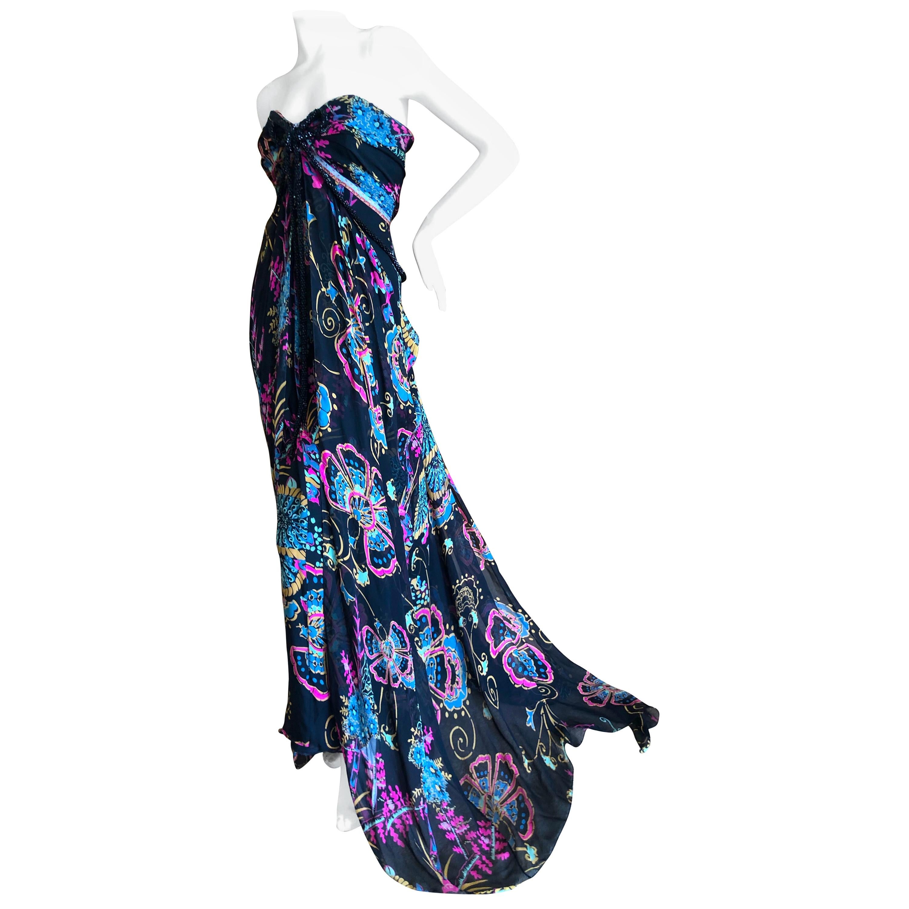 Christian Lacroix Vintage Floral Silk Evening Dress with Jet Bead Trim For Sale