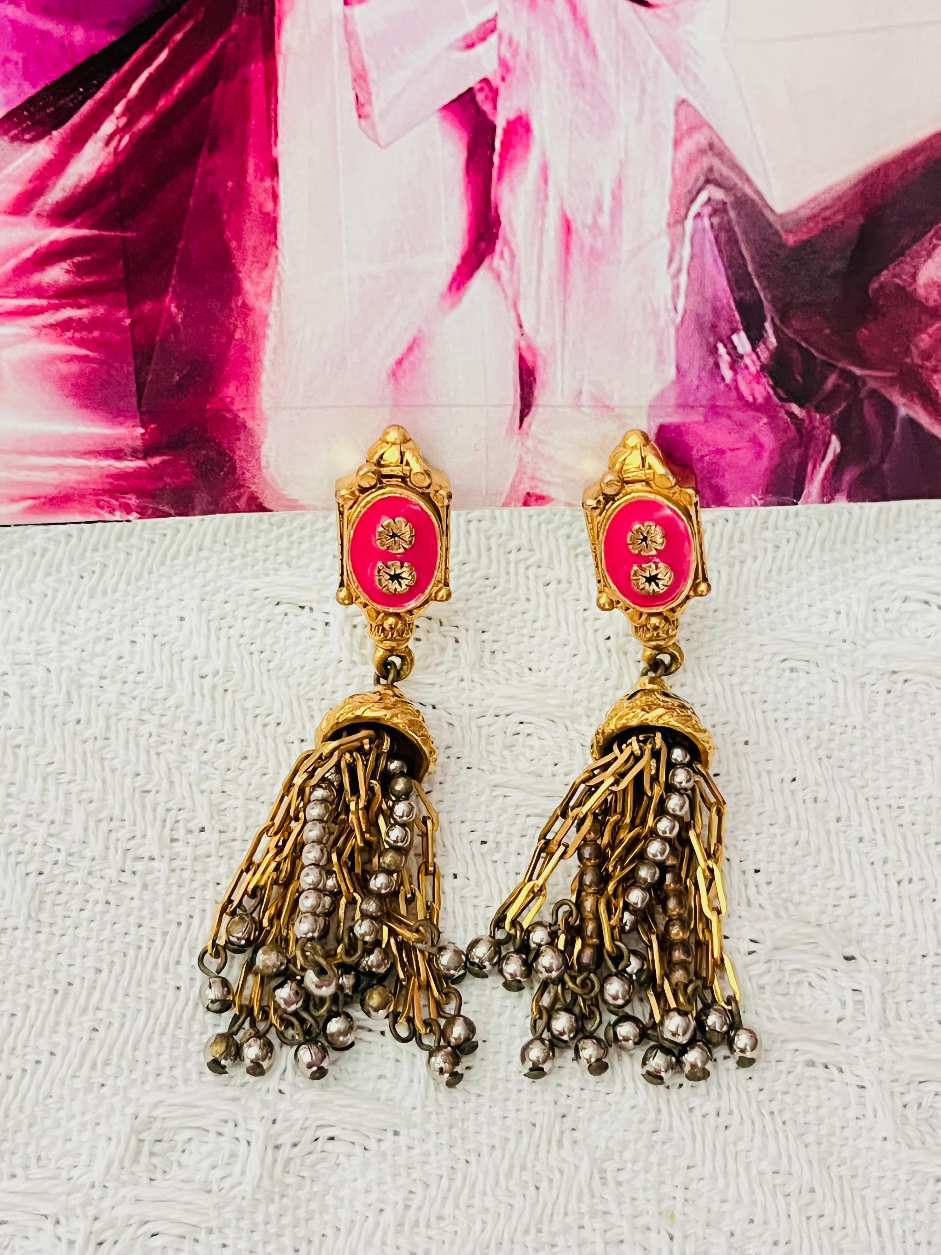 Art Deco Christian Lacroix Vintage Fuchsia Pink Bell Tower Flower Beads Tassel Earrings For Sale