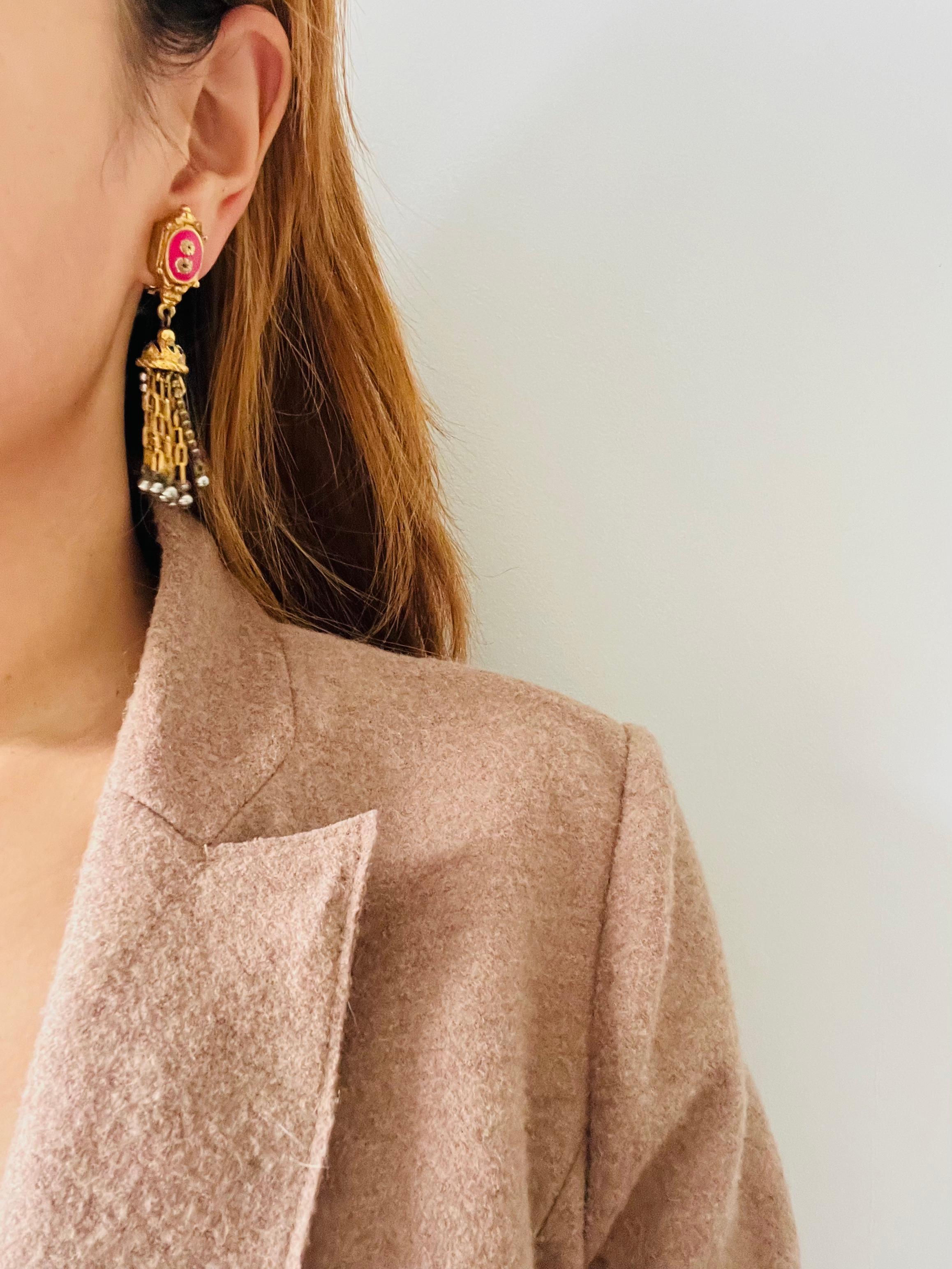 Christian Lacroix Vintage Fuchsia Pink Bell Tower Flower Beads Tassel Earrings For Sale 1