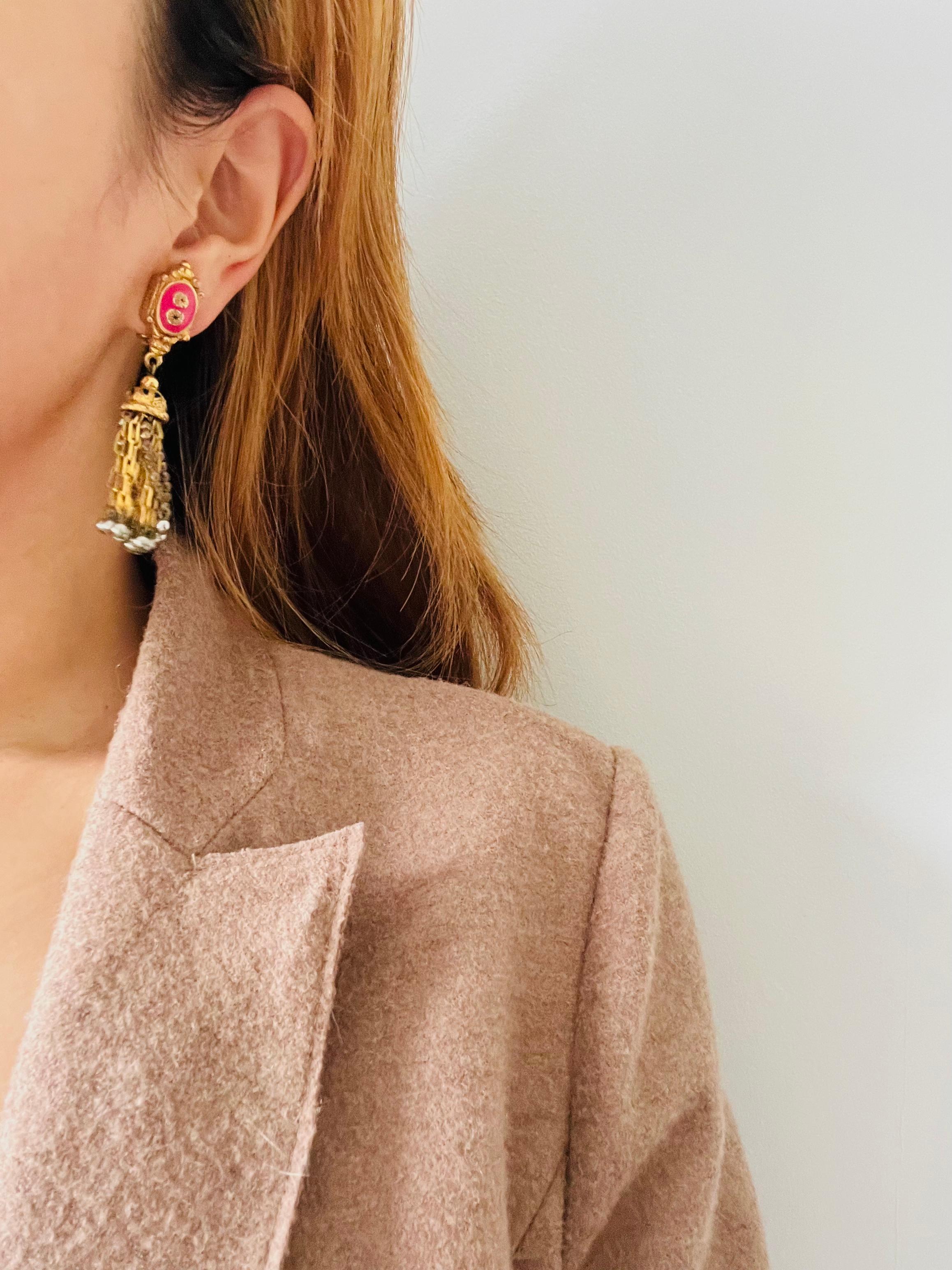 Christian Lacroix Vintage Fuchsia Pink Bell Tower Flower Beads Tassel Earrings For Sale 2
