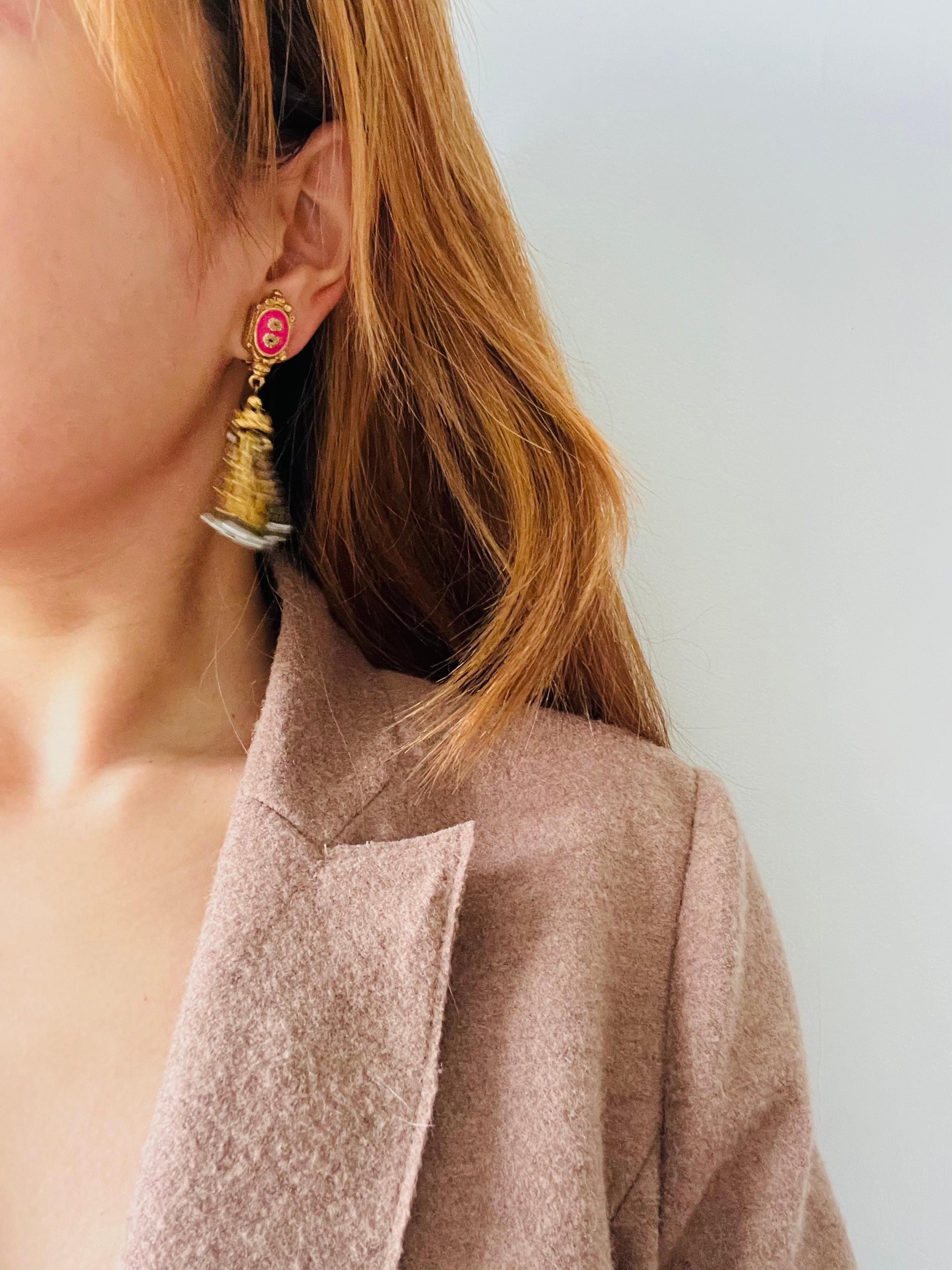 Christian Lacroix Vintage Fuchsia Pink Bell Tower Flower Beads Tassel Earrings For Sale 3