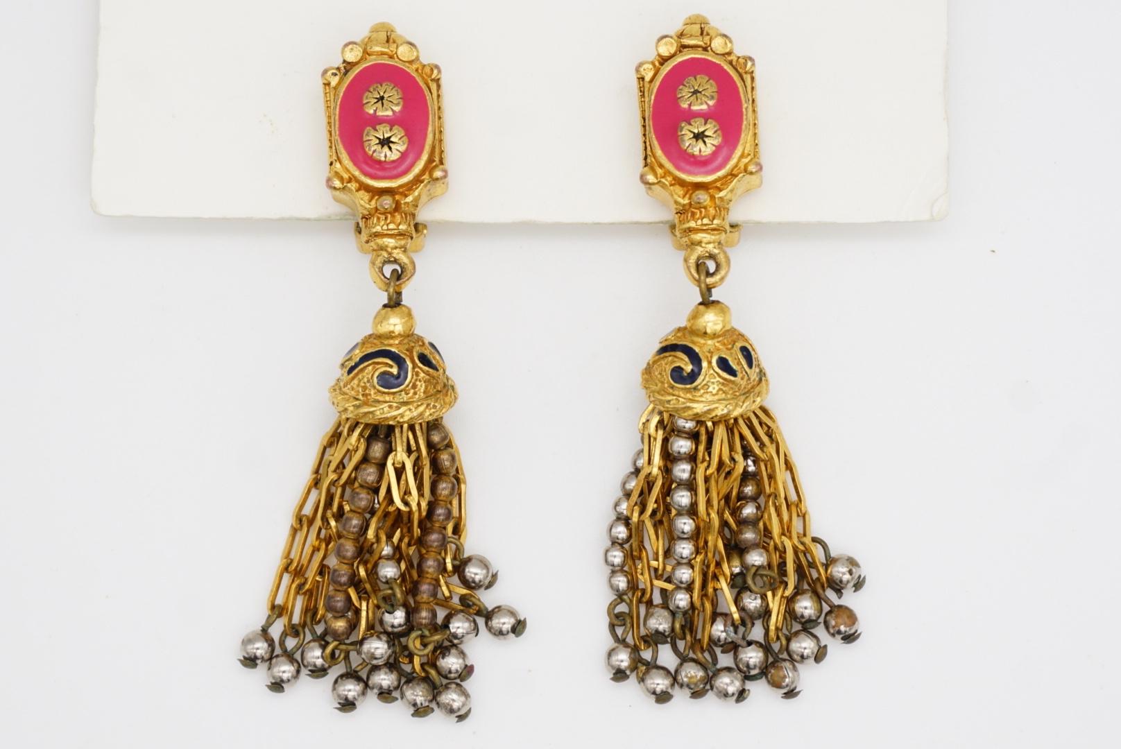 Christian Lacroix Vintage Fuchsia Pink Bell Tower Flower Beads Tassel Earrings For Sale 4