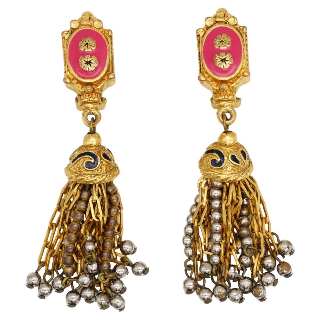 Christian Lacroix Vintage Fuchsia Pink Bell Tower Flower Beads Tassel Earrings